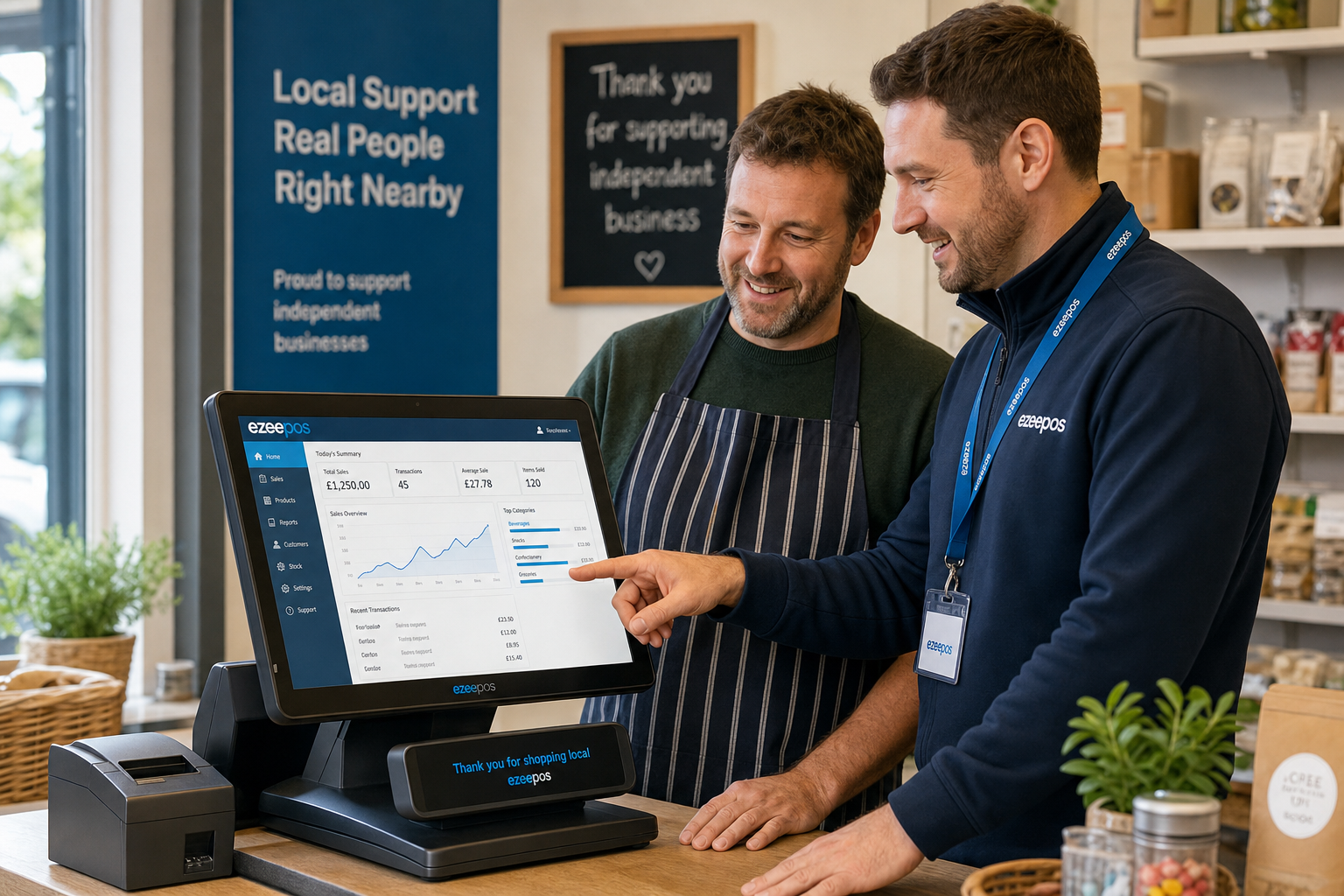 Why Local EPOS Support Still Matters for Independent Retailers - Photorealistic commercial photography style of a friendly UK independent retailer inside a modern shop receiving hands-on help from an EPOS specialist beside a clean touchscreen till, with a customer-facing display and receipt printer visible on the counter, the specialist showing the shop owner a sales dashboard and simple support guidance on the POS screen, subtle blue brand accents in the interface and signage, warm natural daylight, shallow depth of field, premium but realistic composition, tidy counter area, professional business atmosphere, clear focus on local support helping an independent retail shop stay organised and confident during day-to-day trading, suitable as a WordPress featured image for ezeepos.