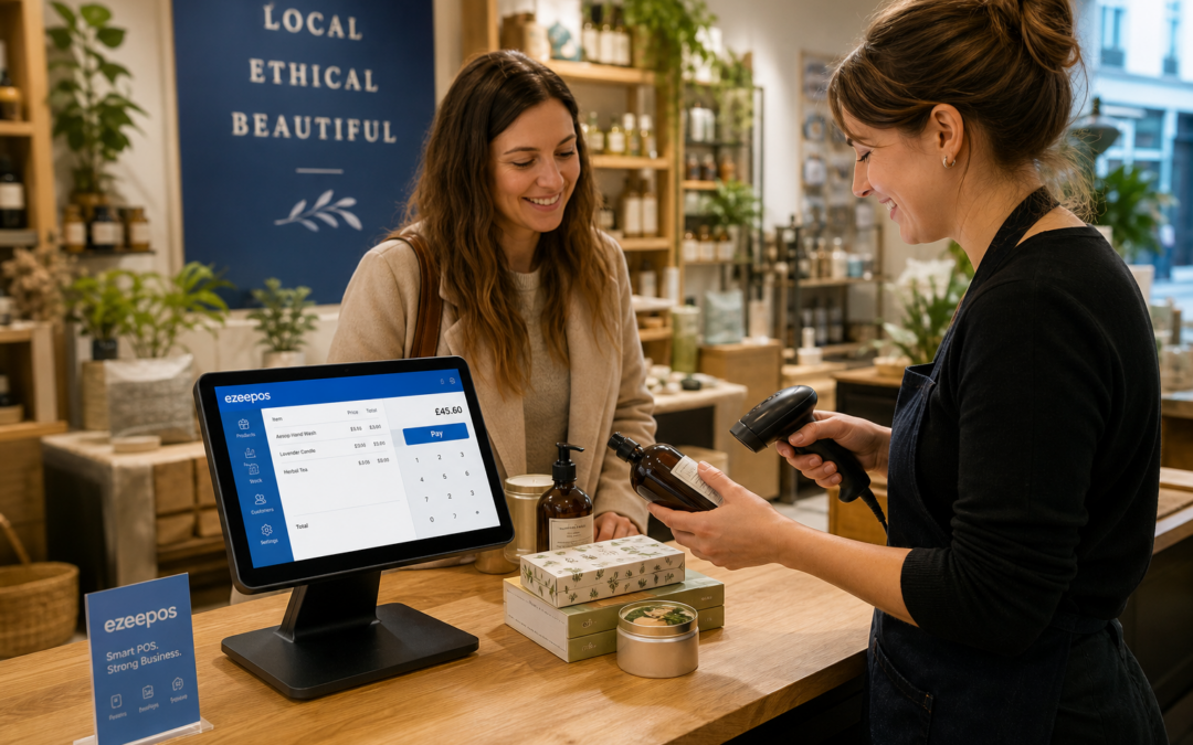 Barcode Scanning for Faster Retail Checkouts: A photorealistic commercial photography style image of a warm, modern UK independent retail shop counter during a busy but organised sales moment, with a touchscreen POS terminal and a handheld barcode scanner clearly visible as a shop assistant scans a product for a customer, while another small stack of retail items sits neatly on the counter; include subtle blue brand accents on the POS interface or signage, realistic natural lighting, shallow depth of field, clean counter area, friendly staff-and-customer interaction, professional website blog hero composition, premium but realistic retail environment, the technology and checkout speed as the main focus, suitable for a WordPress featured image for ezeepos.