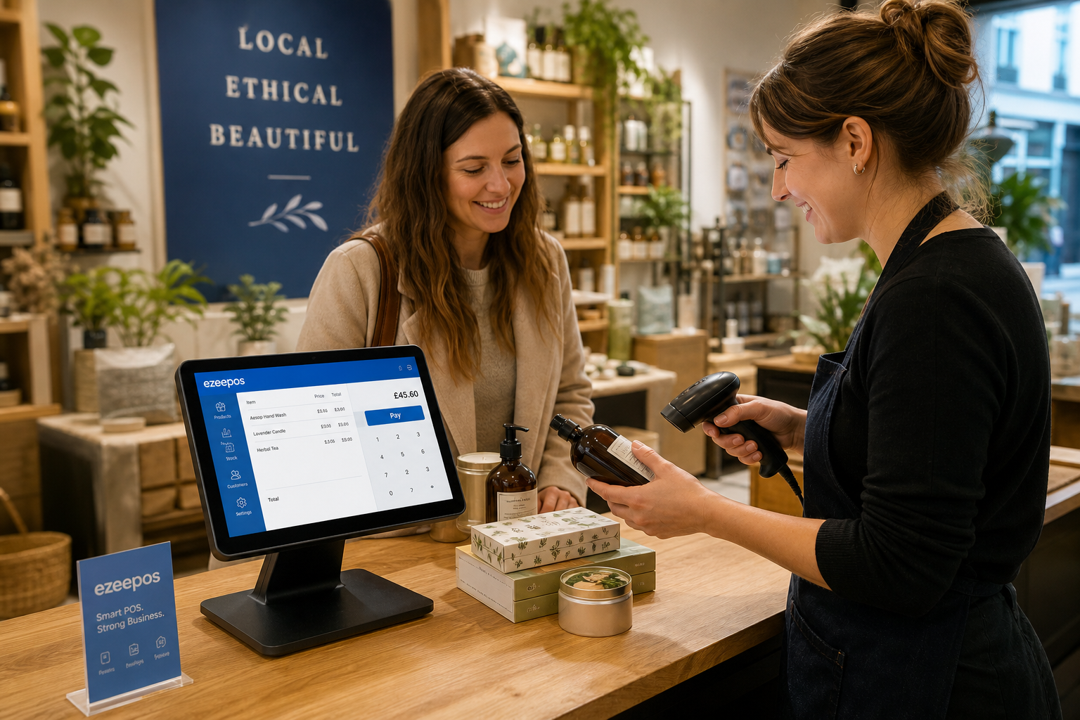 Barcode Scanning for Faster Retail Checkouts: A photorealistic commercial photography style image of a warm, modern UK independent retail shop counter during a busy but organised sales moment, with a touchscreen POS terminal and a handheld barcode scanner clearly visible as a shop assistant scans a product for a customer, while another small stack of retail items sits neatly on the counter; include subtle blue brand accents on the POS interface or signage, realistic natural lighting, shallow depth of field, clean counter area, friendly staff-and-customer interaction, professional website blog hero composition, premium but realistic retail environment, the technology and checkout speed as the main focus, suitable for a WordPress featured image for ezeepos.