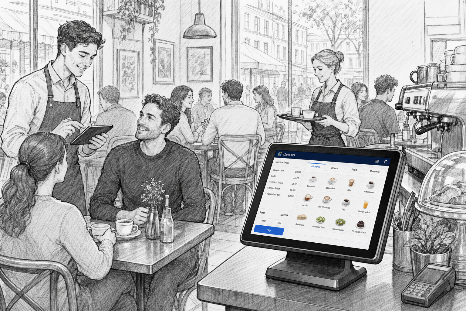 Create a detailed black-and-white pencil and ink sketch illustration for the blog title "How Android POS Helps UK Cafés Improve Table Service and Speed". The image should visually match the excerpt and show a busy UK café with staff taking table orders and serving drinks and food. Include an eZeePOS-style Android touchscreen POS terminal at the counter with subtle brand accent details only on the screen or small interface elements. The scene should emphasise faster table service, order entry, and a calm but busy café atmosphere. Style requirements: hand-drawn pencil and ink sketch, black and white line drawing with light shading, slightly detailed editorial blog illustration style, professional UK hospitality setting, no photorealism, no cartoon style, no distorted text, no large readable signage, no fake logos, and no random unrelated objects. Make it feel like a custom illustration specifically for the article titled "How Android POS Helps UK Cafés Improve Table Service and Speed".