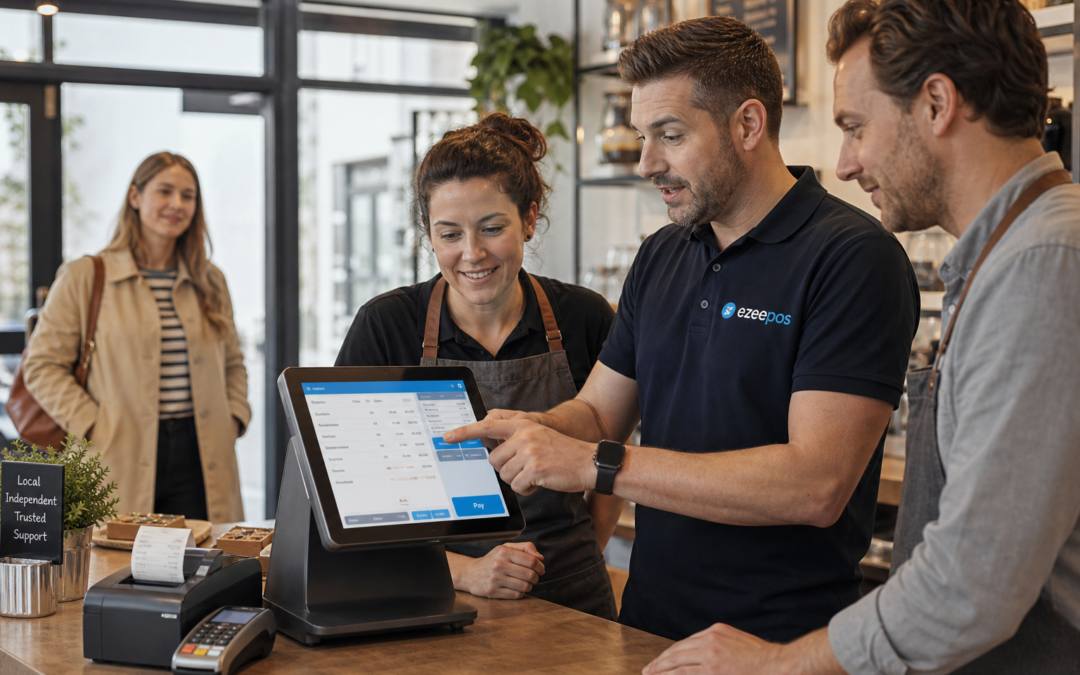 Why Local EPOS Support Still Matters for Independent Retailers and Hospitality Businesses, photorealistic commercial photography style featuring a warm modern UK café or independent shop counter where a friendly EPOS support specialist is showing a business owner and staff member how to use a touchscreen POS terminal, with a clean counter area, subtle blue interface accents on the screen, a customer in the background waiting calmly, natural daylight, shallow depth of field, premium but realistic composition, professional helpful atmosphere, realistic till equipment and receipt printer visible, the focus on practical local EPOS support and staff confidence rather than generic office scenes, suitable as a WordPress featured image for ezeepos