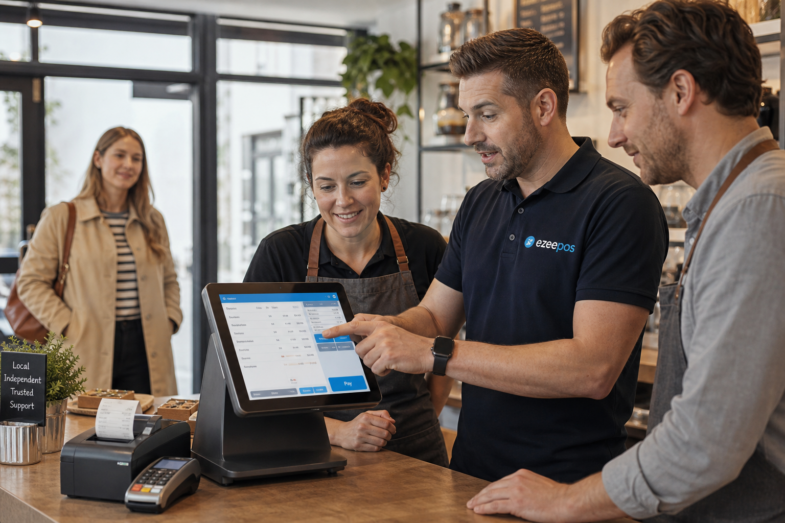 Why Local EPOS Support Still Matters for Independent Retailers and Hospitality Businesses, photorealistic commercial photography style featuring a warm modern UK café or independent shop counter where a friendly EPOS support specialist is showing a business owner and staff member how to use a touchscreen POS terminal, with a clean counter area, subtle blue interface accents on the screen, a customer in the background waiting calmly, natural daylight, shallow depth of field, premium but realistic composition, professional helpful atmosphere, realistic till equipment and receipt printer visible, the focus on practical local EPOS support and staff confidence rather than generic office scenes, suitable as a WordPress featured image for ezeepos