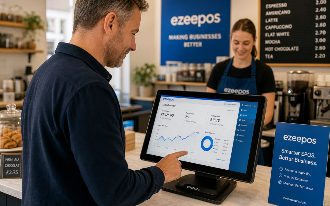 How Better Reporting Helps Small Businesses Make Smarter Decisions A photorealistic commercial photography style image of a UK cafe owner or small retail manager standing beside a modern touchscreen EPOS terminal or tablet at a clean counter, reviewing sales reporting dashboards with clear charts, graphs and daily trading figures on the screen, with a friendly staff member in the background and subtle blue brand accents visible in the interface and nearby signage, warm natural lighting, shallow depth of field, professional modern UK business environment, realistic counter details, premium but approachable composition, the reporting technology clearly central to the scene, suitable as a WordPress featured image for an ezeepos blog post about using EPOS reports to make smarter business decisions.