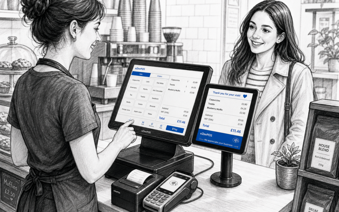 Customer-Facing Displays for Retail and Hospitality: A Simple Way to Improve Till Communication. Create a detailed black-and-white pencil and ink editorial blog illustration of a warm, modern UK retail or hospitality counter scene where a staff member is serving a customer using a touchscreen EPOS till with a clearly visible customer-facing display showing itemised sale details, totals and subtle blue accent interface elements. The setting should feel realistic and professional, such as a busy café, takeaway counter or independent shop, with clean counter space, a receipt printer, card terminal and neatly arranged products or menu items nearby. Show a friendly staff and customer interaction, shallow depth of field, natural lighting, and premium but grounded composition. Use clean hand-drawn linework and light shading, with subtle blue accents only on the screen elements and small interface details. Avoid photorealism, cartoon style, clutter, fantasy tech, large unreadable signs or unrelated background scenery. The image should feel like a custom eZeePOS feature article hero image for a UK business blog, focused on improving till communication through customer-facing display technology.