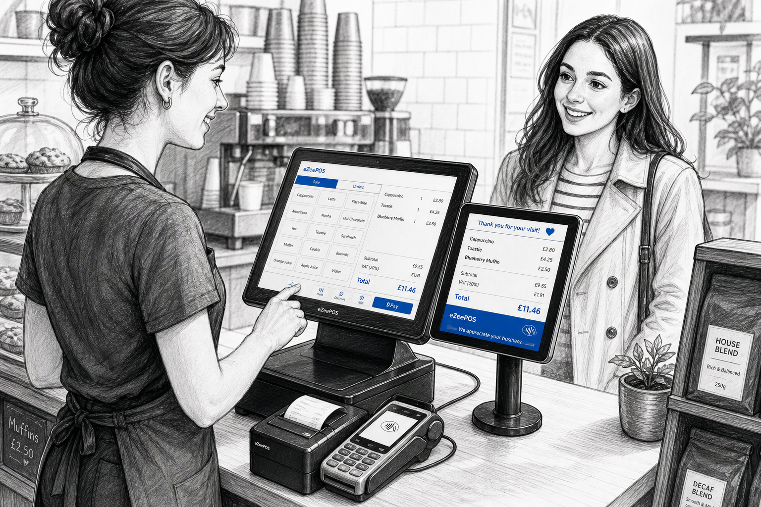 Customer-Facing Displays for Retail and Hospitality: A Simple Way to Improve Till Communication. Create a detailed black-and-white pencil and ink editorial blog illustration of a warm, modern UK retail or hospitality counter scene where a staff member is serving a customer using a touchscreen EPOS till with a clearly visible customer-facing display showing itemised sale details, totals and subtle blue accent interface elements. The setting should feel realistic and professional, such as a busy café, takeaway counter or independent shop, with clean counter space, a receipt printer, card terminal and neatly arranged products or menu items nearby. Show a friendly staff and customer interaction, shallow depth of field, natural lighting, and premium but grounded composition. Use clean hand-drawn linework and light shading, with subtle blue accents only on the screen elements and small interface details. Avoid photorealism, cartoon style, clutter, fantasy tech, large unreadable signs or unrelated background scenery. The image should feel like a custom eZeePOS feature article hero image for a UK business blog, focused on improving till communication through customer-facing display technology.