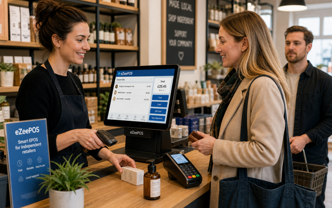 Reducing Queues at the Checkout: Practical EPOS Ideas for Busy UK Retailers - photorealistic commercial photography style image of a busy but well-organised UK independent retail shop checkout with a modern eZeePOS-style touchscreen POS terminal clearly visible, a staff member efficiently serving a customer while scanning products and completing a sale, a second customer waiting calmly in a short queue, neat counter area, subtle blue brand accents on the screen interface and small signage, realistic barcode scanner and card payment terminal present, warm natural lighting, shallow depth of field, premium but realistic composition, friendly professional atmosphere, clean modern retail interior, technology and checkout workflow as the clear focus, suitable as a WordPress featured image for a UK EPOS blog article
