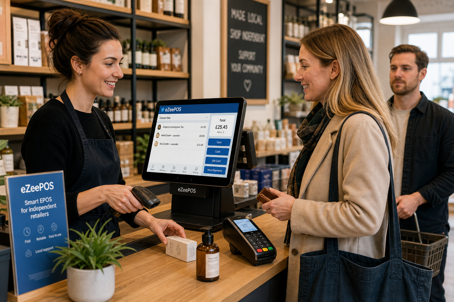 Reducing Queues at the Checkout: Practical EPOS Ideas for Busy UK Retailers - photorealistic commercial photography style image of a busy but well-organised UK independent retail shop checkout with a modern eZeePOS-style touchscreen POS terminal clearly visible, a staff member efficiently serving a customer while scanning products and completing a sale, a second customer waiting calmly in a short queue, neat counter area, subtle blue brand accents on the screen interface and small signage, realistic barcode scanner and card payment terminal present, warm natural lighting, shallow depth of field, premium but realistic composition, friendly professional atmosphere, clean modern retail interior, technology and checkout workflow as the clear focus, suitable as a WordPress featured image for a UK EPOS blog article