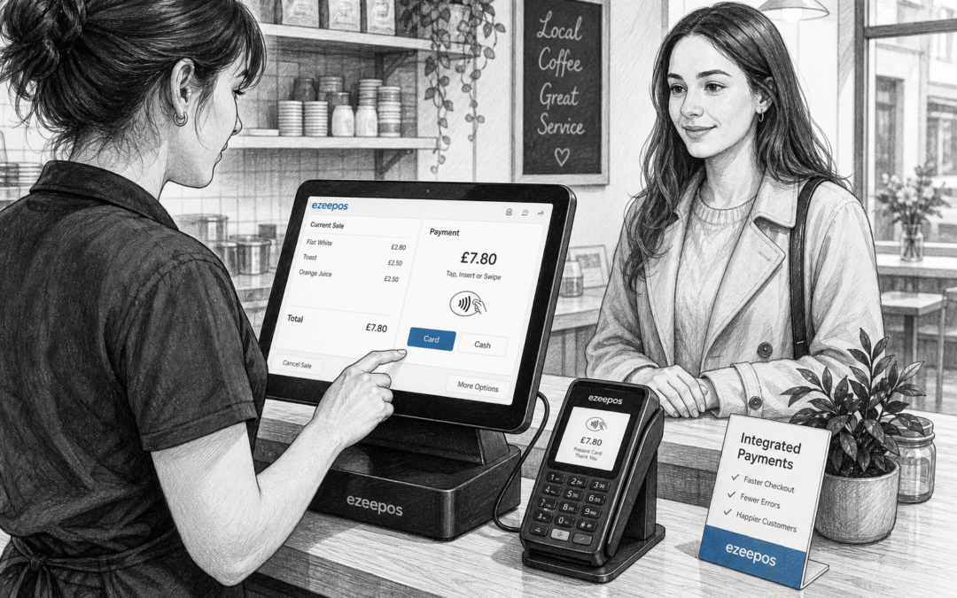 How Integrated Card Payments Can Help Reduce Checkout Errors: A realistic UK retail and hospitality scene in a clean, modern shop or cafe counter showing a touchscreen EPOS till connected to a card payment terminal, with a staff member completing a sale and a customer waiting calmly at the counter. The main focus is on the checkout workflow and the connection between the till screen and payment device, with subtle blue accent details on the screen interface, payment totals and small signage. Create a detailed black-and-white pencil and ink editorial blog illustration with clean hand-drawn linework, light shading, shallow depth of field, natural lighting and a premium but realistic composition. Include a tidy counter area, practical EPOS hardware, and a professional UK business feel that suggests faster, more accurate payments without making the scene look futuristic or cluttered. The image should feel like a custom featured image for ezeepos, with technology clearly visible and the payment process being the clear focal point.