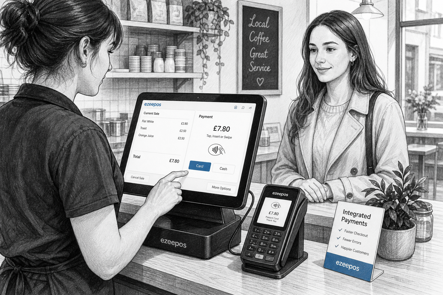 How Integrated Card Payments Can Help Reduce Checkout Errors: A realistic UK retail and hospitality scene in a clean, modern shop or cafe counter showing a touchscreen EPOS till connected to a card payment terminal, with a staff member completing a sale and a customer waiting calmly at the counter. The main focus is on the checkout workflow and the connection between the till screen and payment device, with subtle blue accent details on the screen interface, payment totals and small signage. Create a detailed black-and-white pencil and ink editorial blog illustration with clean hand-drawn linework, light shading, shallow depth of field, natural lighting and a premium but realistic composition. Include a tidy counter area, practical EPOS hardware, and a professional UK business feel that suggests faster, more accurate payments without making the scene look futuristic or cluttered. The image should feel like a custom featured image for ezeepos, with technology clearly visible and the payment process being the clear focal point.