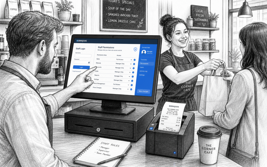 Why Staff Permissions Matter in Retail and Hospitality EPOS Systems - A detailed black-and-white pencil and ink editorial blog illustration for a UK retail or hospitality EPOS article, showing a realistic independent cafe or small shop counter during a busy service moment, with a touchscreen POS terminal displaying a simple staff login and permission-based menu options, a manager reviewing settings on the screen while a team member serves a customer, a receipt printer and cash drawer neatly arranged, subtle blue accent details on the touchscreen interface and small buttons, clean counter area, warm modern professional atmosphere, shallow depth of field, natural lighting, premium but realistic composition, clear hand-drawn linework with light shading, no photorealism, no cartoon style, no cluttered background, technology and staff workflow clearly visible, designed as a custom ezeepos-style featured image that communicates control, accountability and easier day-to-day service.