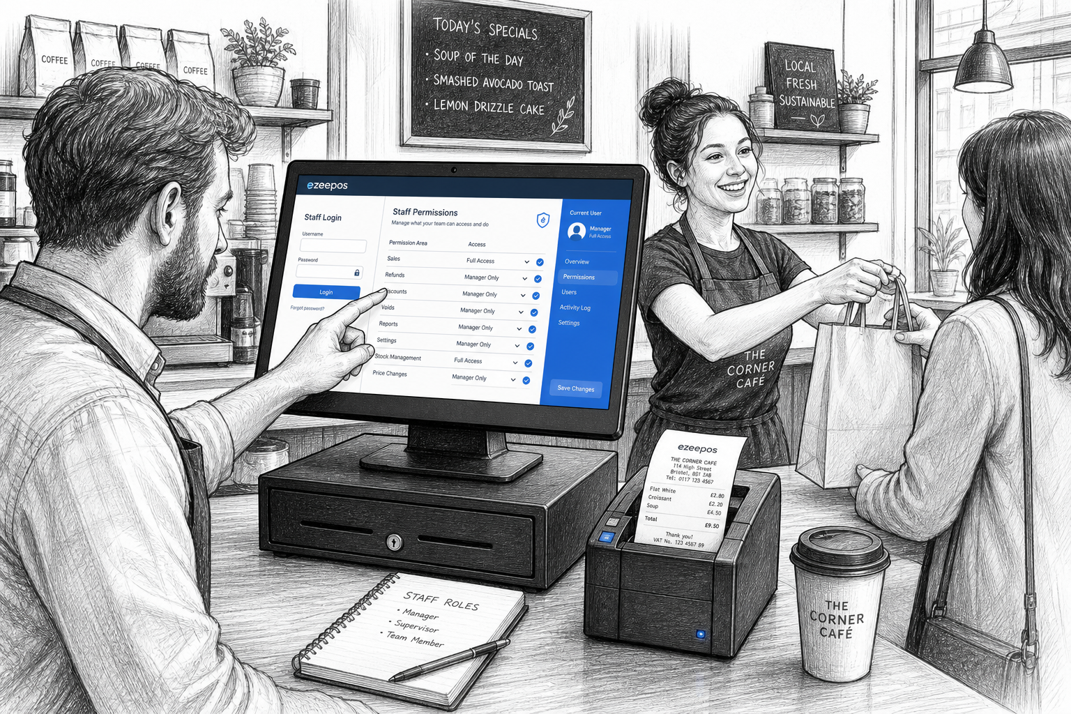 Why Staff Permissions Matter in Retail and Hospitality EPOS Systems - A detailed black-and-white pencil and ink editorial blog illustration for a UK retail or hospitality EPOS article, showing a realistic independent cafe or small shop counter during a busy service moment, with a touchscreen POS terminal displaying a simple staff login and permission-based menu options, a manager reviewing settings on the screen while a team member serves a customer, a receipt printer and cash drawer neatly arranged, subtle blue accent details on the touchscreen interface and small buttons, clean counter area, warm modern professional atmosphere, shallow depth of field, natural lighting, premium but realistic composition, clear hand-drawn linework with light shading, no photorealism, no cartoon style, no cluttered background, technology and staff workflow clearly visible, designed as a custom ezeepos-style featured image that communicates control, accountability and easier day-to-day service.
