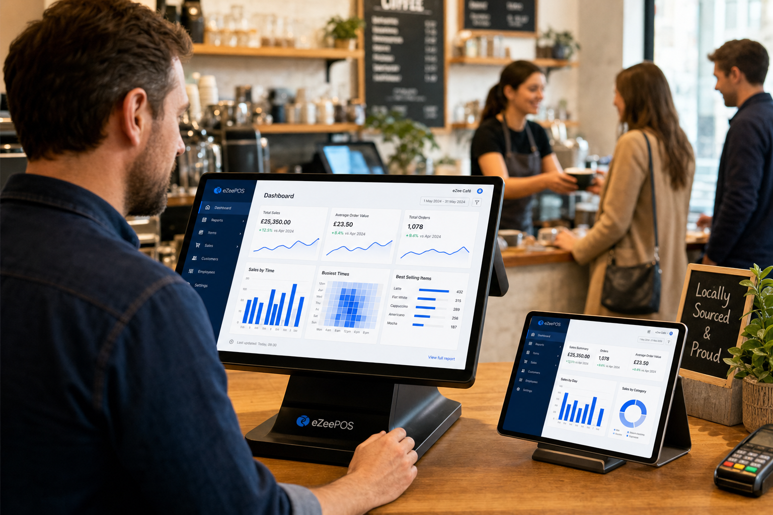 Why EPOS Reporting Matters More Than Most Small Businesses Realise, photorealistic commercial photography style featuring a warm, modern UK café or independent retail counter with a business owner reviewing clear sales reporting charts on an eZeePOS-style touchscreen POS terminal and tablet, subtle blue brand accents on the interface, a clean counter area, shallow depth of field, natural lighting, premium but realistic composition, professional blog hero image for a UK EPOS website, the screen showing simple dashboard graphs for sales trends, busiest times and best-selling items, friendly staff in the background serving customers, realistic workplace atmosphere, technology as the focus, suitable as a WordPress featured image.
