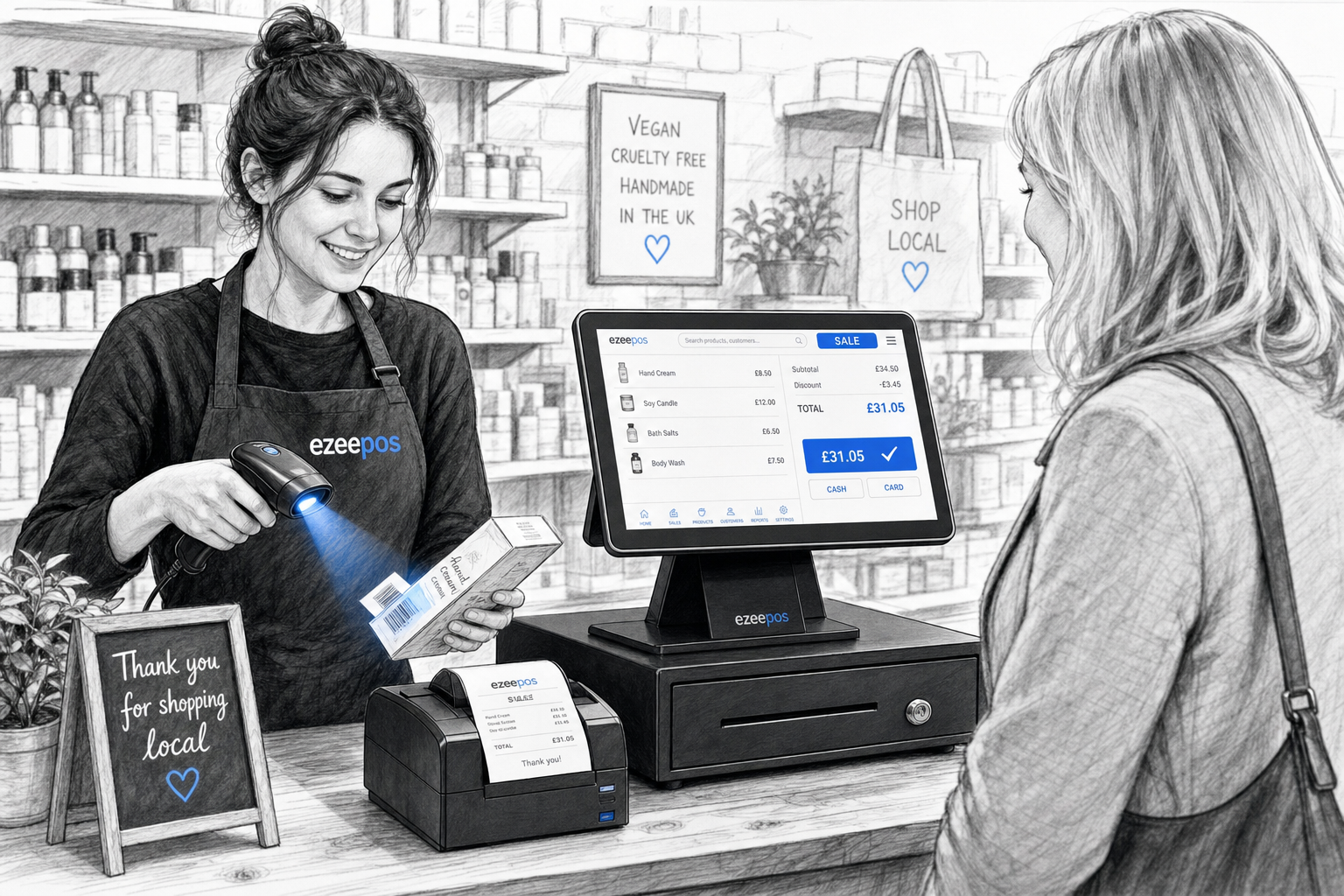 Barcode Scanning for Faster Retail Checkouts: A Simple Way to Keep Queues Moving, a realistic UK independent retail shop counter scene in a professional black-and-white pencil and ink editorial blog illustration with subtle blue accent details on the touchscreen till interface, barcode scanner light, and small on-screen sale elements; a friendly shop assistant scans a product at a modern EPOS/POS terminal while a customer waits at a tidy counter, with a receipt printer and cash drawer nearby, shelves of everyday retail products softly blurred in the background, warm natural lighting, shallow depth of field, clean hand-drawn linework and light shading, premium but realistic composition, modern touchscreen till clearly visible, busy but organised checkout atmosphere, suitable as a WordPress featured image for ezeepos.