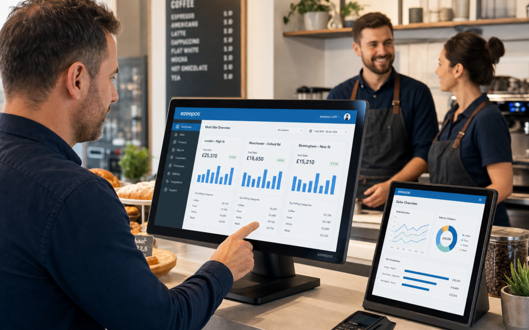 Why Multi-Site Reporting Matters for Growing UK Retail and Hospitality Businesses, photorealistic commercial photography style showing a UK business owner in a modern café or retail office reviewing multi-site sales dashboards on a touchscreen POS terminal and tablet, with two or three branch performance charts visible on the screen in a clean, easy-to-read layout, subtle blue brand accents in the interface, a friendly manager and staff member in the background, warm natural lighting, shallow depth of field, premium but realistic composition, clean counter area, professional EPOS environment, realistic UK retail and hospitality setting, technology clearly the focus of the image, suitable as a WordPress featured image for ezeepos