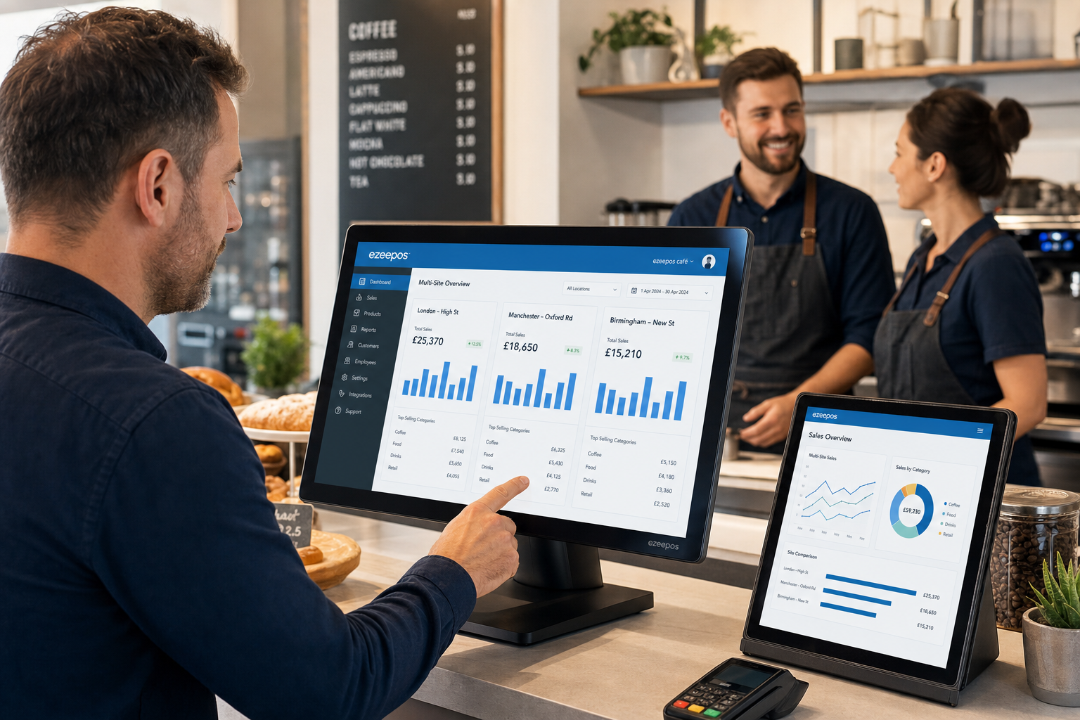 Why Multi-Site Reporting Matters for Growing UK Retail and Hospitality Businesses, photorealistic commercial photography style showing a UK business owner in a modern café or retail office reviewing multi-site sales dashboards on a touchscreen POS terminal and tablet, with two or three branch performance charts visible on the screen in a clean, easy-to-read layout, subtle blue brand accents in the interface, a friendly manager and staff member in the background, warm natural lighting, shallow depth of field, premium but realistic composition, clean counter area, professional EPOS environment, realistic UK retail and hospitality setting, technology clearly the focus of the image, suitable as a WordPress featured image for ezeepos