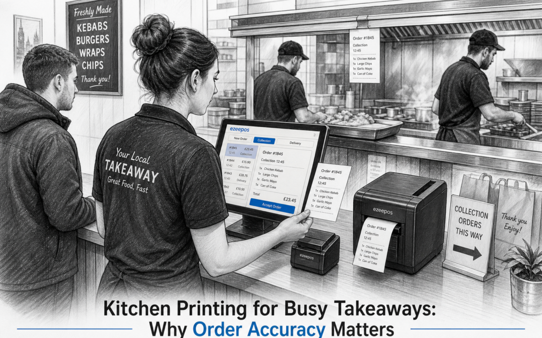 Kitchen Printing for Busy Takeaways: Why Order Accuracy Matters, a realistic UK takeaway shop and kitchen scene shown as a detailed black-and-white pencil and ink editorial blog illustration with clean hand-drawn linework and light shading, warm modern professional atmosphere, shallow depth of field, natural lighting, premium but realistic composition, clean counter area, a busy but organised takeaway counter in the foreground with an ezeepos-style touchscreen POS terminal, receipt printer and kitchen printer clearly visible, printed order tickets arriving at the kitchen pass, staff member checking a printed ticket against the screen, subtle blue accent details only on the order display and small interface elements, a customer waiting at the counter while the kitchen team prepares food behind, practical service workflow focused on order accuracy and speed, no photorealism, no cartoon style, no cluttered background, no futuristic devices, suitable as a WordPress featured image for a UK EPOS software blog article.