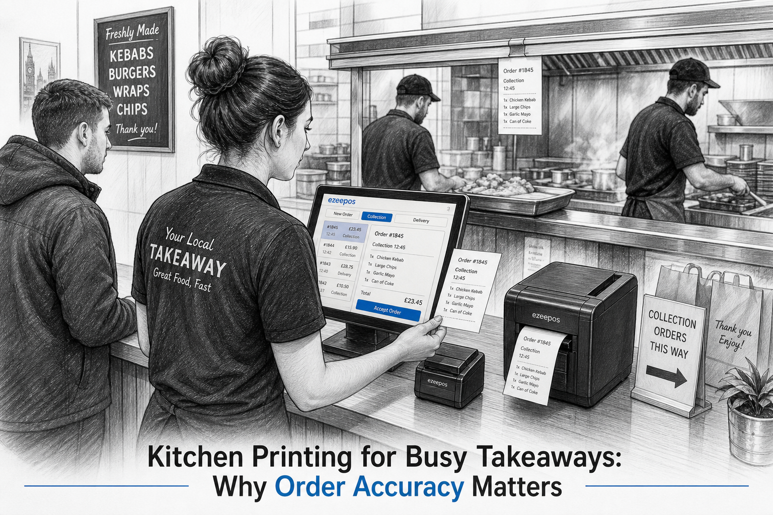 Kitchen Printing for Busy Takeaways: Why Order Accuracy Matters, a realistic UK takeaway shop and kitchen scene shown as a detailed black-and-white pencil and ink editorial blog illustration with clean hand-drawn linework and light shading, warm modern professional atmosphere, shallow depth of field, natural lighting, premium but realistic composition, clean counter area, a busy but organised takeaway counter in the foreground with an ezeepos-style touchscreen POS terminal, receipt printer and kitchen printer clearly visible, printed order tickets arriving at the kitchen pass, staff member checking a printed ticket against the screen, subtle blue accent details only on the order display and small interface elements, a customer waiting at the counter while the kitchen team prepares food behind, practical service workflow focused on order accuracy and speed, no photorealism, no cartoon style, no cluttered background, no futuristic devices, suitable as a WordPress featured image for a UK EPOS software blog article.