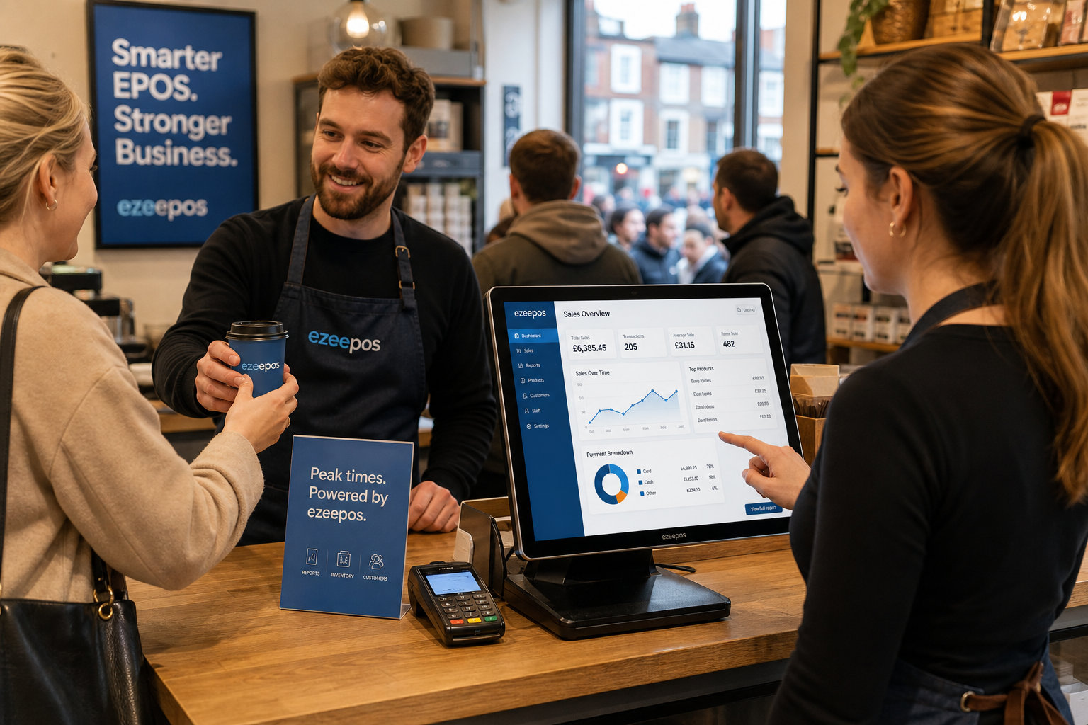 Why Seasonal Trading Periods Need a Smarter EPOS Setup: a realistic photorealistic marketing image for a UK independent retail or hospitality business during a busy seasonal rush, showing a modern touchscreen EPOS terminal on a clean counter with a staff member serving a customer efficiently while another team member reviews busy-period sales on the screen; the scene should feel like a warm, professional UK shop or cafe at peak trading time, with subtle blue brand accents on the interface and signage, shallow depth of field, natural daylight mixed with soft indoor lighting, premium but realistic composition, clear focus on the technology helping the business stay organised, and no clutter, no abstract tech background, no exaggerated futuristic devices, suitable as a WordPress featured image for ezeepos.