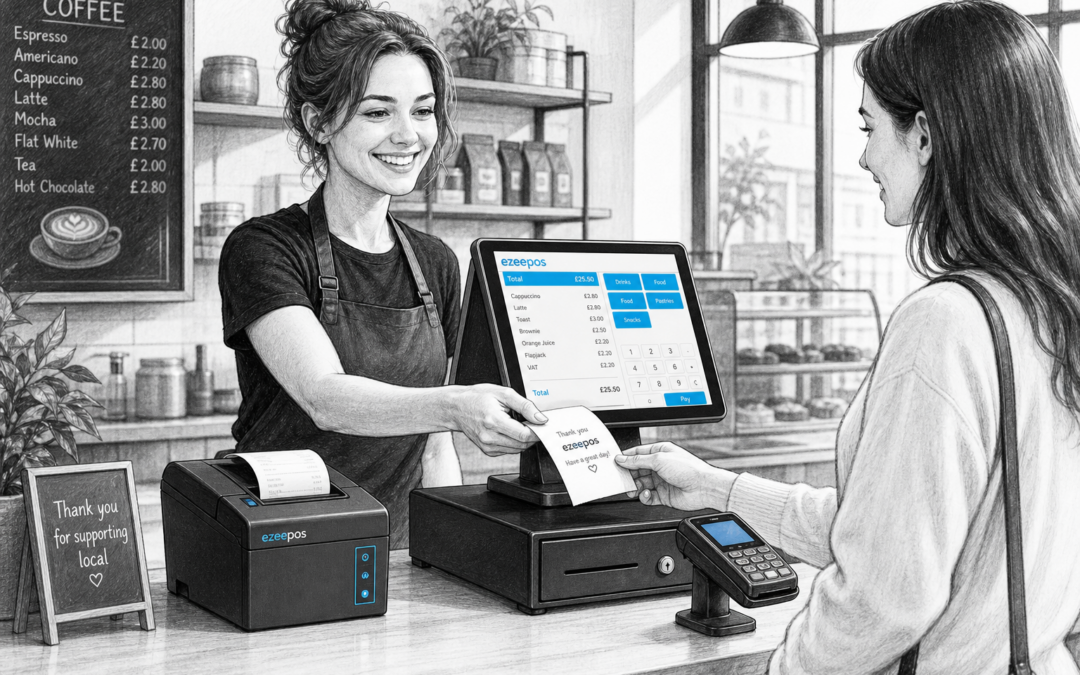 Choosing the Right Receipt Printer for Your EPOS Setup: a detailed black-and-white pencil and ink editorial blog illustration of a warm, modern UK shop or cafe counter with a realistic receipt printer beside a touchscreen POS terminal, cash drawer and card terminal, a staff member printing a receipt for a customer, clean counter area, subtle blue accent details on the POS screen and printer interface only, professional business feel, shallow depth of field, natural lighting, premium but realistic composition, clear focus on the receipt printer and checkout workflow, friendly customer interaction, ezeepos-style EPOS setup shown in a practical retail or hospitality environment, suitable for a WordPress featured image, not photorealistic, not cartoonish, no cluttered background, no futuristic devices.