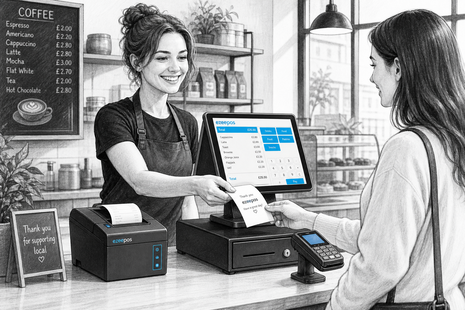 Choosing the Right Receipt Printer for Your EPOS Setup: a detailed black-and-white pencil and ink editorial blog illustration of a warm, modern UK shop or cafe counter with a realistic receipt printer beside a touchscreen POS terminal, cash drawer and card terminal, a staff member printing a receipt for a customer, clean counter area, subtle blue accent details on the POS screen and printer interface only, professional business feel, shallow depth of field, natural lighting, premium but realistic composition, clear focus on the receipt printer and checkout workflow, friendly customer interaction, ezeepos-style EPOS setup shown in a practical retail or hospitality environment, suitable for a WordPress featured image, not photorealistic, not cartoonish, no cluttered background, no futuristic devices.
