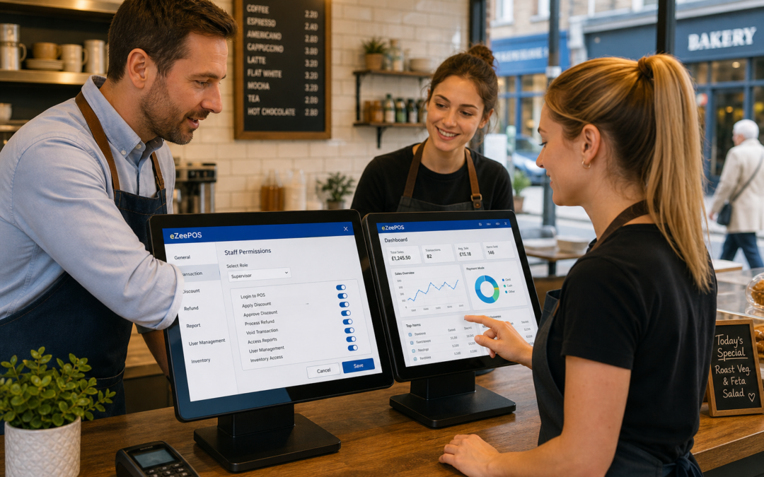 Why Staff Permissions Matter in Retail and Hospitality EPOS Systems, a photorealistic commercial photography style image of a modern UK cafe or independent shop counter where a manager is showing staff role-based access on an eZeePOS-style touchscreen till, with one screen displaying a simple permissions menu, another showing a sales dashboard with subtle blue interface accents, and a team member using the terminal while a supervisor watches; clean counter area, warm natural lighting, shallow depth of field, professional realistic composition, friendly staff, subtle UK high street atmosphere, premium but believable workplace scene designed as a WordPress featured image for an EPOS blog about controlling till access, discounts, refunds and reporting.