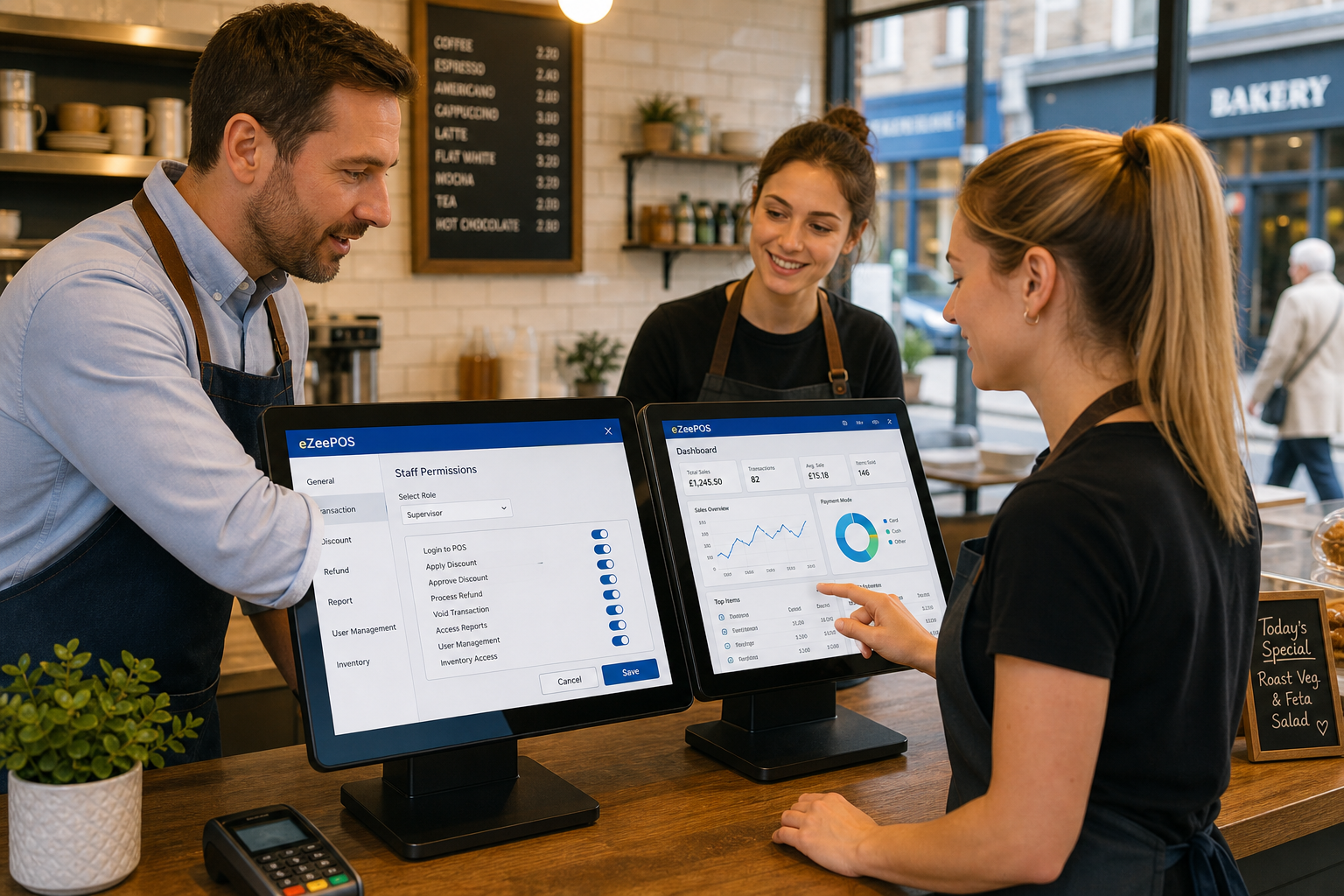 Why Staff Permissions Matter in Retail and Hospitality EPOS Systems, a photorealistic commercial photography style image of a modern UK cafe or independent shop counter where a manager is showing staff role-based access on an eZeePOS-style touchscreen till, with one screen displaying a simple permissions menu, another showing a sales dashboard with subtle blue interface accents, and a team member using the terminal while a supervisor watches; clean counter area, warm natural lighting, shallow depth of field, professional realistic composition, friendly staff, subtle UK high street atmosphere, premium but believable workplace scene designed as a WordPress featured image for an EPOS blog about controlling till access, discounts, refunds and reporting.