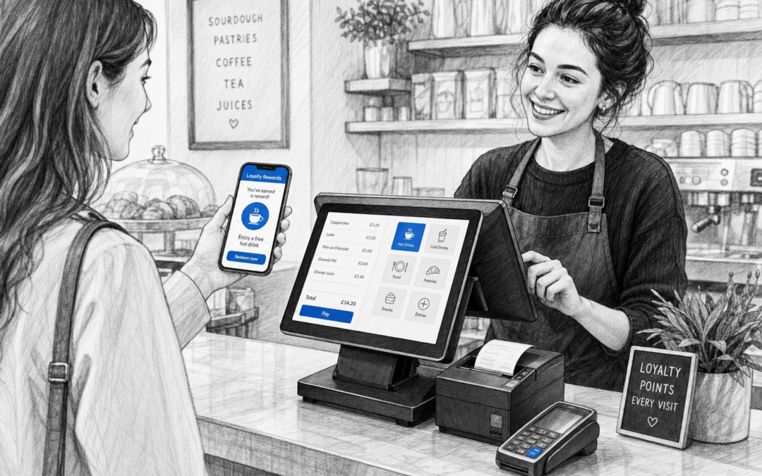 Customer Loyalty in EPOS: Simple Ways UK Shops and Cafés Can Encourage Repeat Visits. Create a realistic black-and-white pencil and ink editorial blog illustration of a warm modern UK café or independent shop counter where a customer is being offered a simple digital loyalty reward on a smartphone while a staff member uses a touchscreen EPOS till beside a receipt printer and card terminal. Show a clean, professional counter with subtle blue accent details only on the loyalty app screen, small interface elements and a few button highlights. Include a friendly interaction between staff and customer, with the loyalty concept clearly visible but not cluttered, and make the EPOS terminal the focal point of the scene. Use clean hand-drawn linework, light shading, shallow depth of field, natural lighting, premium realistic composition, and a calm business feel suitable for an ezeepos blog featured image. Avoid photorealism, cartoon styling, busy backgrounds, fake logos, and unrelated scenery.