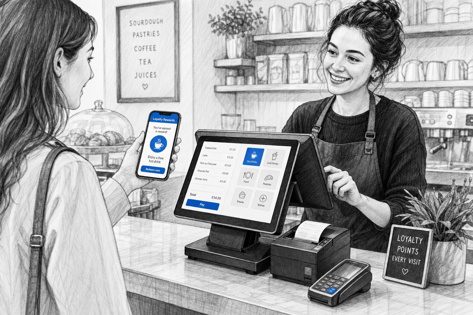 Customer Loyalty in EPOS: Simple Ways UK Shops and Cafés Can Encourage Repeat Visits. Create a realistic black-and-white pencil and ink editorial blog illustration of a warm modern UK café or independent shop counter where a customer is being offered a simple digital loyalty reward on a smartphone while a staff member uses a touchscreen EPOS till beside a receipt printer and card terminal. Show a clean, professional counter with subtle blue accent details only on the loyalty app screen, small interface elements and a few button highlights. Include a friendly interaction between staff and customer, with the loyalty concept clearly visible but not cluttered, and make the EPOS terminal the focal point of the scene. Use clean hand-drawn linework, light shading, shallow depth of field, natural lighting, premium realistic composition, and a calm business feel suitable for an ezeepos blog featured image. Avoid photorealism, cartoon styling, busy backgrounds, fake logos, and unrelated scenery.
