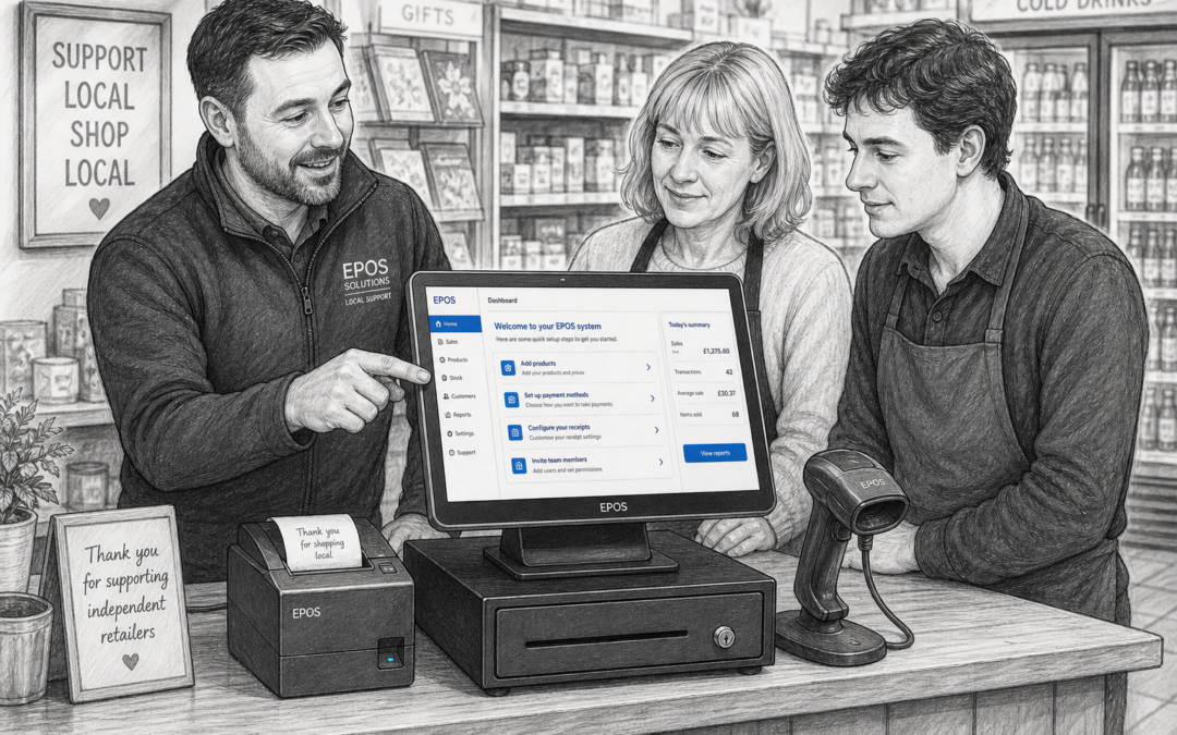 Why Local EPOS Support Still Matters for Independent Retailers - Create a detailed black-and-white pencil and ink editorial blog illustration showing a realistic UK independent retail shop counter, with a friendly EPOS specialist helping a shop owner and staff member understand a modern touchscreen till system. Include a visible POS terminal with subtle blue accent details on the screen, a receipt printer, cash drawer and a barcode scanner on a clean counter. The setting should feel like a practical neighbourhood convenience store or gift shop in the UK, with tidy shelves softly blurred in the background, warm natural lighting, shallow depth of field and a professional, reassuring atmosphere. The composition should focus on the technology and the support interaction, with the EPOS screen showing simple dashboard menus or setup guidance in blue accents. Avoid photorealism and colour, keep the style as a realistic hand-drawn business illustration with clean linework, light shading and a premium WordPress hero image feel.