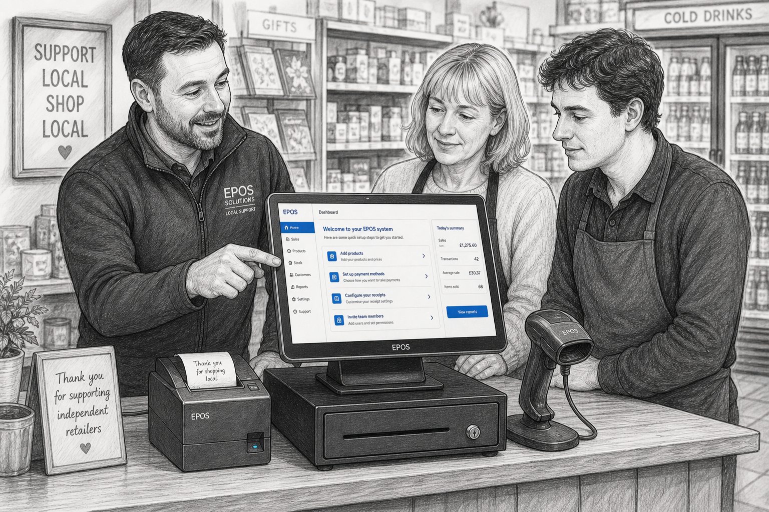 Why Local EPOS Support Still Matters for Independent Retailers - Create a detailed black-and-white pencil and ink editorial blog illustration showing a realistic UK independent retail shop counter, with a friendly EPOS specialist helping a shop owner and staff member understand a modern touchscreen till system. Include a visible POS terminal with subtle blue accent details on the screen, a receipt printer, cash drawer and a barcode scanner on a clean counter. The setting should feel like a practical neighbourhood convenience store or gift shop in the UK, with tidy shelves softly blurred in the background, warm natural lighting, shallow depth of field and a professional, reassuring atmosphere. The composition should focus on the technology and the support interaction, with the EPOS screen showing simple dashboard menus or setup guidance in blue accents. Avoid photorealism and colour, keep the style as a realistic hand-drawn business illustration with clean linework, light shading and a premium WordPress hero image feel.