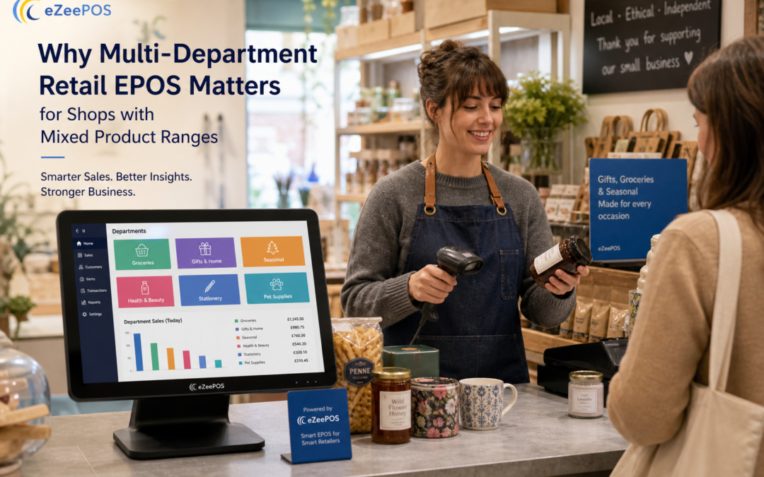 Why Multi-Department Retail EPOS Matters for Shops with Mixed Product Ranges - Photorealistic commercial photography style featuring a warm, modern UK independent retail shop with a clean counter, a friendly staff member serving a customer, and a clear eZeePOS-style touchscreen till showing neatly organised department buttons for mixed product ranges such as groceries, gifts and seasonal items; a barcode scanner and a few varied products are visible on the counter, with subtle blue brand accents on the screen interface and small shop signage, while the business owner glances at the EPOS display to review department sales in a realistic, premium retail environment with natural lighting and shallow depth of field, designed as a professional WordPress blog hero image.