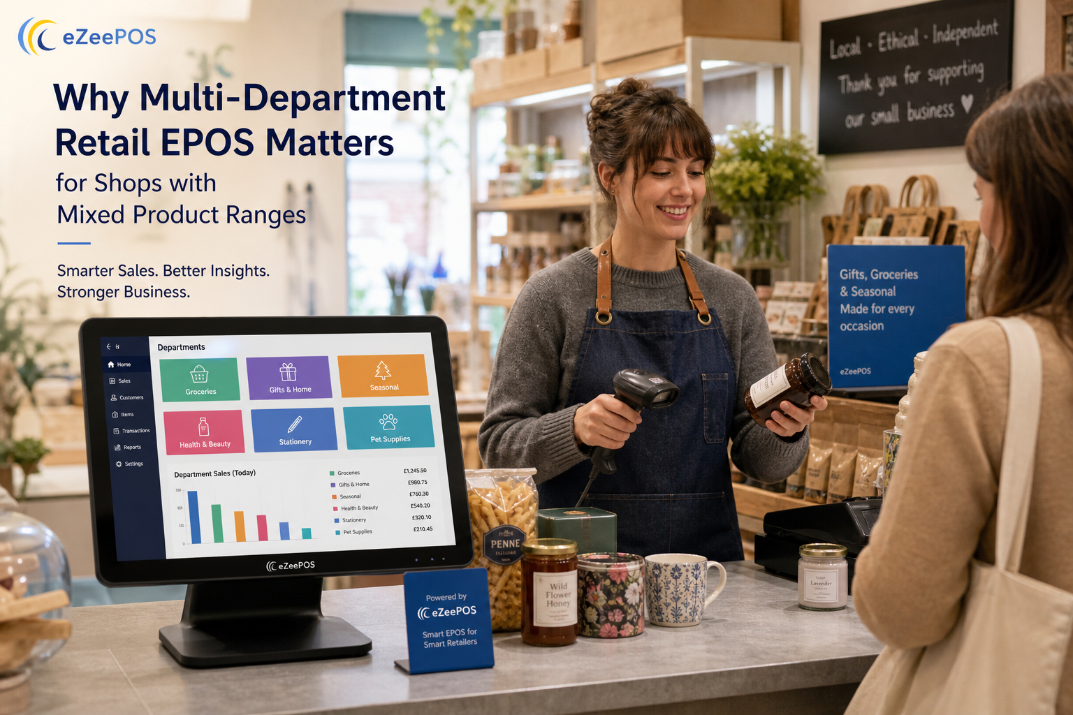 Why Multi-Department Retail EPOS Matters for Shops with Mixed Product Ranges - Photorealistic commercial photography style featuring a warm, modern UK independent retail shop with a clean counter, a friendly staff member serving a customer, and a clear eZeePOS-style touchscreen till showing neatly organised department buttons for mixed product ranges such as groceries, gifts and seasonal items; a barcode scanner and a few varied products are visible on the counter, with subtle blue brand accents on the screen interface and small shop signage, while the business owner glances at the EPOS display to review department sales in a realistic, premium retail environment with natural lighting and shallow depth of field, designed as a professional WordPress blog hero image.