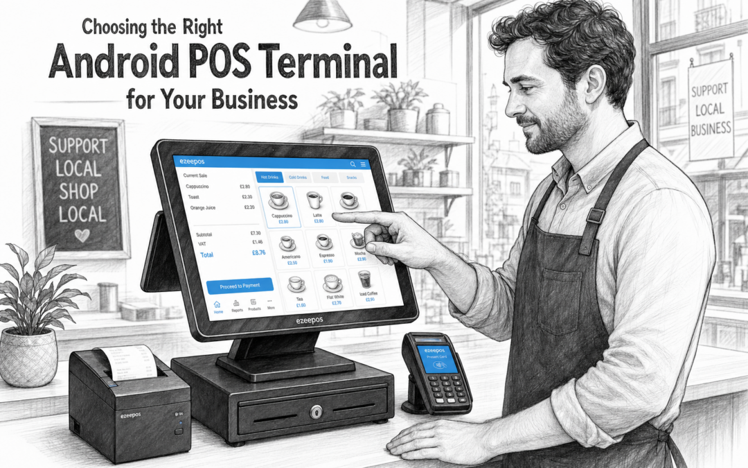 Choosing the Right Android POS Terminal for Your Business: create a detailed black-and-white pencil and ink editorial blog illustration of a modern UK retail or hospitality counter where a shop owner or café manager is choosing and using an Android POS terminal, with a touchscreen till clearly visible on the counter alongside a receipt printer, cash drawer and a small card terminal, subtle blue accent details on the screen interface and buttons only, warm natural lighting, shallow depth of field, realistic UK business environment, clean counter area, friendly professional mood, premium but practical composition, shallow depth of field, no photorealism, no cartoon style, no clutter, no futuristic devices, the technology should be the clear focus and the scene should feel like a custom featured image for an ezeepos blog article.
