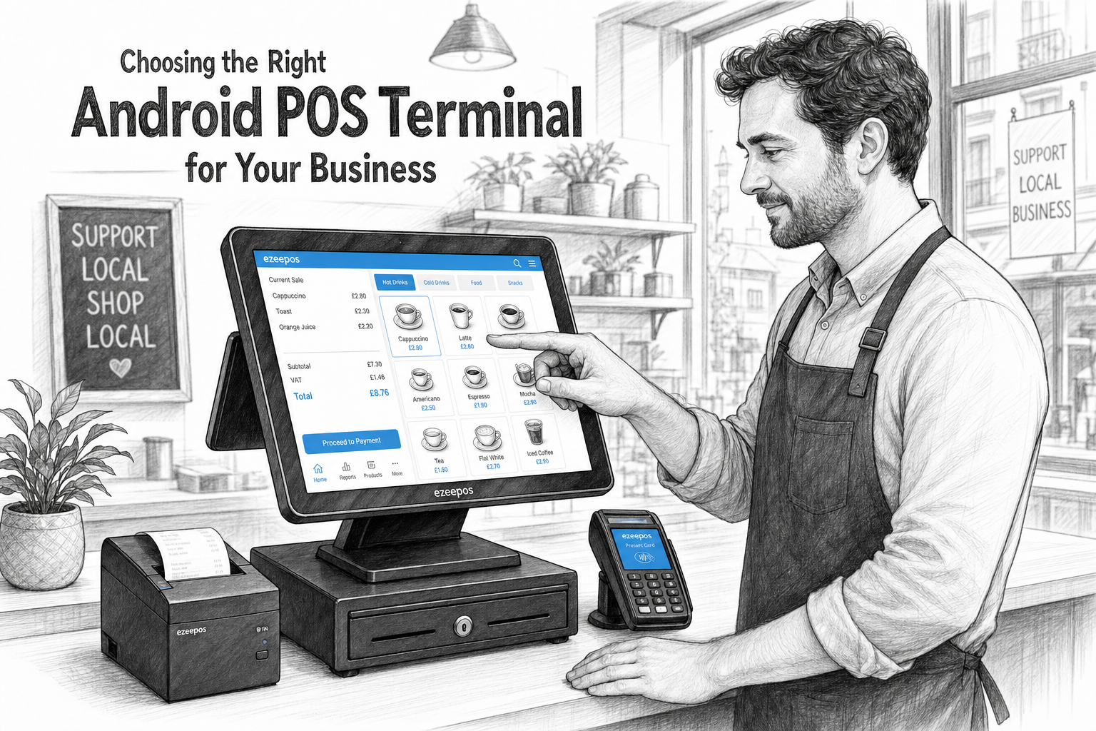 Choosing the Right Android POS Terminal for Your Business: create a detailed black-and-white pencil and ink editorial blog illustration of a modern UK retail or hospitality counter where a shop owner or café manager is choosing and using an Android POS terminal, with a touchscreen till clearly visible on the counter alongside a receipt printer, cash drawer and a small card terminal, subtle blue accent details on the screen interface and buttons only, warm natural lighting, shallow depth of field, realistic UK business environment, clean counter area, friendly professional mood, premium but practical composition, shallow depth of field, no photorealism, no cartoon style, no clutter, no futuristic devices, the technology should be the clear focus and the scene should feel like a custom featured image for an ezeepos blog article.