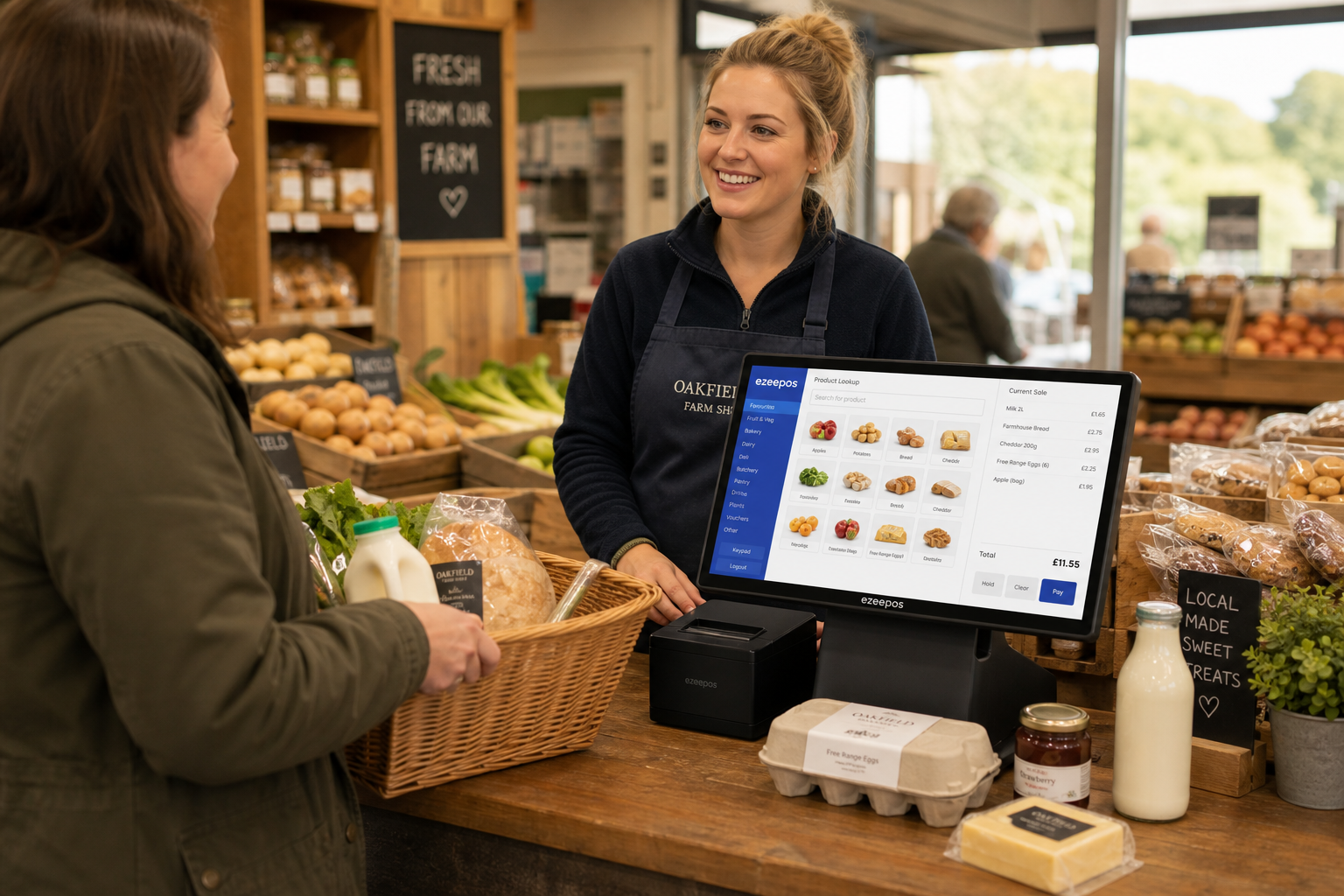 Why Farm Shops Need a Better EPOS Setup for Mixed Sales: a realistic photorealistic commercial photography style image of a UK farm shop checkout counter during a busy daytime period, showing a friendly staff member serving a customer with a modern touchscreen EPOS terminal, neatly organised fresh produce, deli items and packaged local goods around the counter, a subtle blue-accented interface visible on the screen with product lookup and sales categories, a customer holding a basket with mixed items, warm natural lighting, shallow depth of field, clean counter area, premium but realistic composition, professional blog hero image for ezeepos, showing how a practical EPOS setup helps farm shops manage mixed sales, speed up checkout and keep service organised.