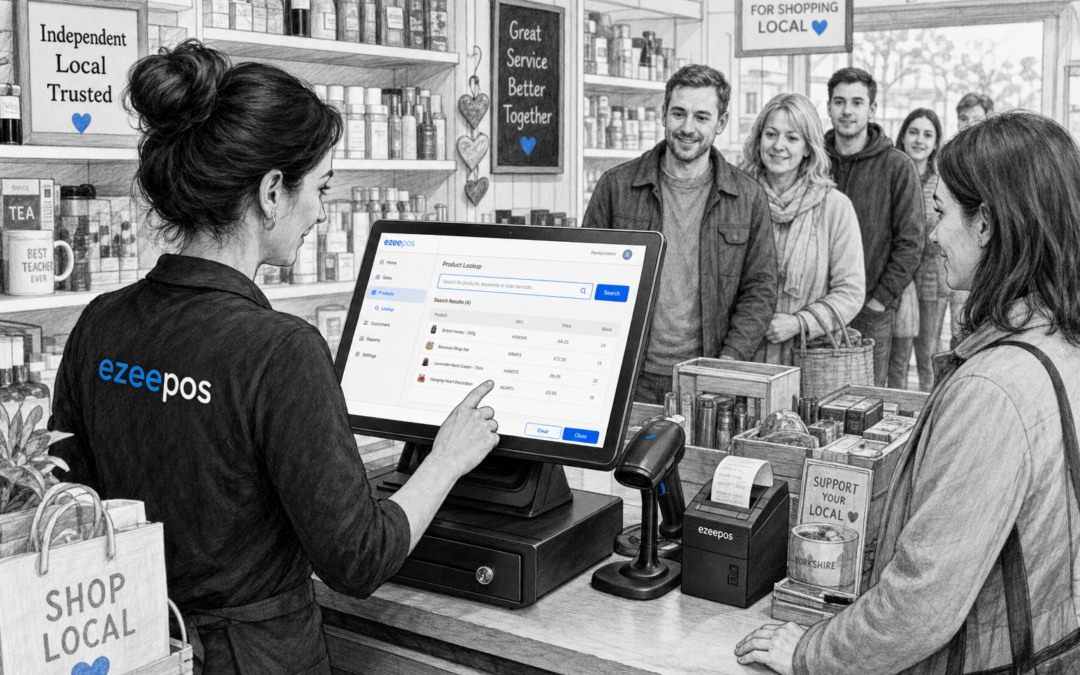 Why Product Lookup Makes Busy Retail Checkouts Easier: Create a detailed black-and-white pencil and ink editorial blog illustration of a busy UK independent retail shop counter where a staff member is searching for a product on a modern touchscreen EPOS terminal while a customer waits patiently and the queue continues behind them. The touchscreen should clearly show a practical product lookup screen with subtle blue accent highlights on search fields, product results and small interface buttons. Include a barcode scanner resting beside the till, a receipt printer, a tidy cash drawer and neatly arranged retail products such as mixed gift items, hardware or convenience stock to reflect a varied store environment. The scene should feel realistic, warm and professional, with natural lighting, shallow depth of field and a clean counter area. Show friendly staff interaction and a calm but busy atmosphere that communicates speed, accuracy and confidence at the checkout. The illustration should look like a custom featured image for ezeepos, with modern UK retail detail, subtle blue brand accents only on the screen interface, and no cartoon styling, no photorealism and no cluttered background.