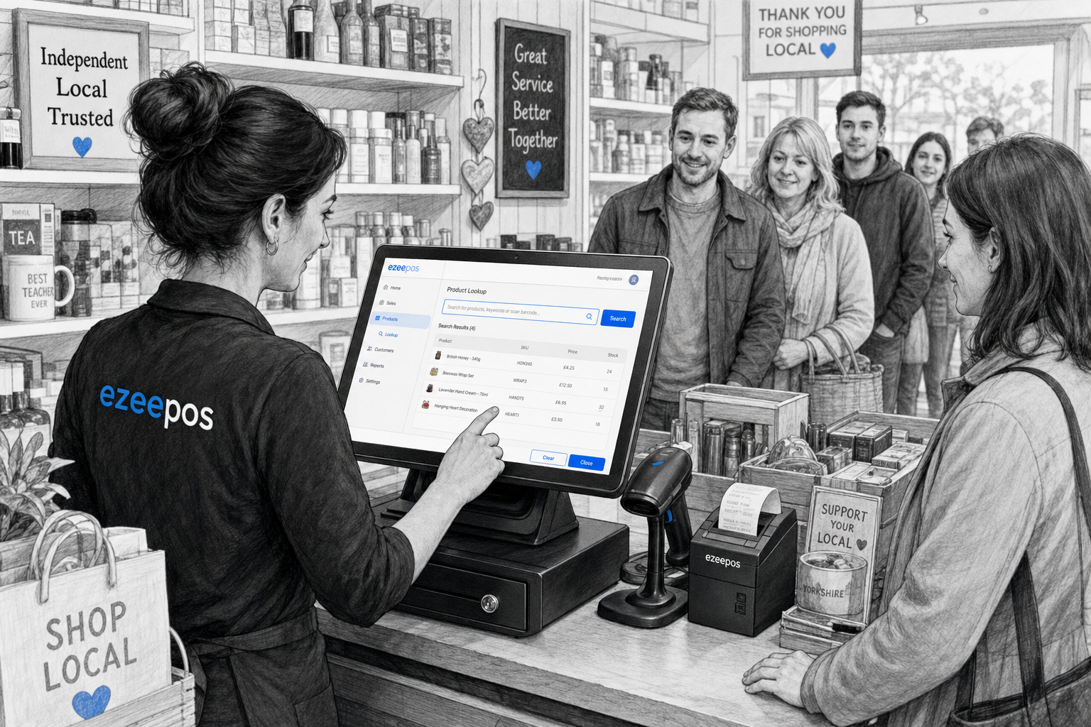 Why Product Lookup Makes Busy Retail Checkouts Easier: Create a detailed black-and-white pencil and ink editorial blog illustration of a busy UK independent retail shop counter where a staff member is searching for a product on a modern touchscreen EPOS terminal while a customer waits patiently and the queue continues behind them. The touchscreen should clearly show a practical product lookup screen with subtle blue accent highlights on search fields, product results and small interface buttons. Include a barcode scanner resting beside the till, a receipt printer, a tidy cash drawer and neatly arranged retail products such as mixed gift items, hardware or convenience stock to reflect a varied store environment. The scene should feel realistic, warm and professional, with natural lighting, shallow depth of field and a clean counter area. Show friendly staff interaction and a calm but busy atmosphere that communicates speed, accuracy and confidence at the checkout. The illustration should look like a custom featured image for ezeepos, with modern UK retail detail, subtle blue brand accents only on the screen interface, and no cartoon styling, no photorealism and no cluttered background.