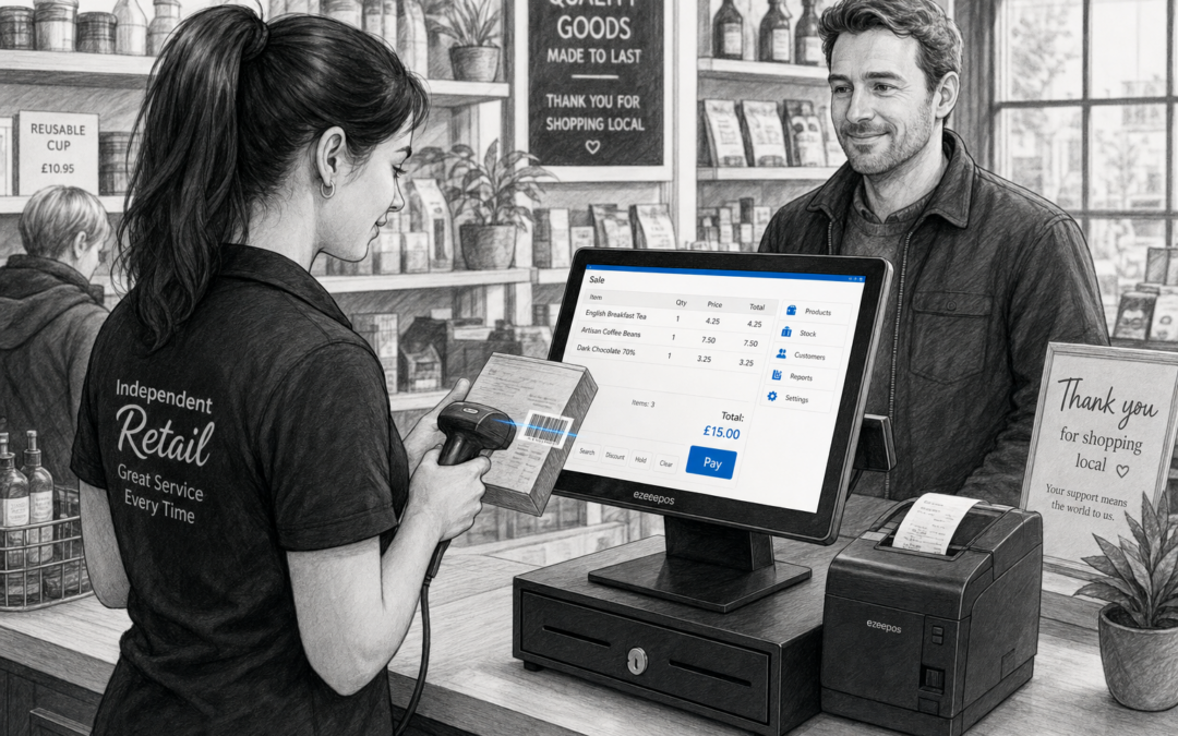 Barcode Scanning for Faster Retail Checkouts: A Simple Way to Keep Queues Moving. Create a detailed black-and-white pencil and ink editorial blog illustration of a realistic UK independent retail shop counter during a busy checkout moment, with a staff member scanning a product barcode at a modern touchscreen POS terminal beside a receipt printer and cash drawer, a customer waiting calmly, and neatly arranged shop products in the background; show clear, practical EPOS hardware on a clean counter, subtle blue accent details only on the screen interface, barcode scan lines or small on-screen highlights, warm modern professional lighting, shallow depth of field, premium yet realistic composition, friendly service atmosphere, and a technology-focused scene that clearly reflects faster retail checkouts, reduced queues and improved accuracy for an ezeepos-style blog hero image.