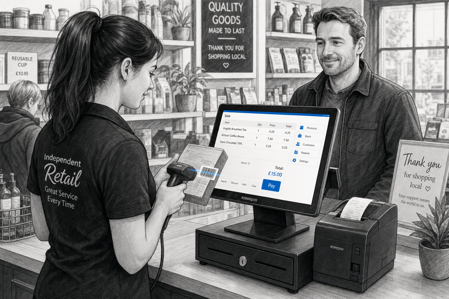Barcode Scanning for Faster Retail Checkouts: A Simple Way to Keep Queues Moving. Create a detailed black-and-white pencil and ink editorial blog illustration of a realistic UK independent retail shop counter during a busy checkout moment, with a staff member scanning a product barcode at a modern touchscreen POS terminal beside a receipt printer and cash drawer, a customer waiting calmly, and neatly arranged shop products in the background; show clear, practical EPOS hardware on a clean counter, subtle blue accent details only on the screen interface, barcode scan lines or small on-screen highlights, warm modern professional lighting, shallow depth of field, premium yet realistic composition, friendly service atmosphere, and a technology-focused scene that clearly reflects faster retail checkouts, reduced queues and improved accuracy for an ezeepos-style blog hero image.