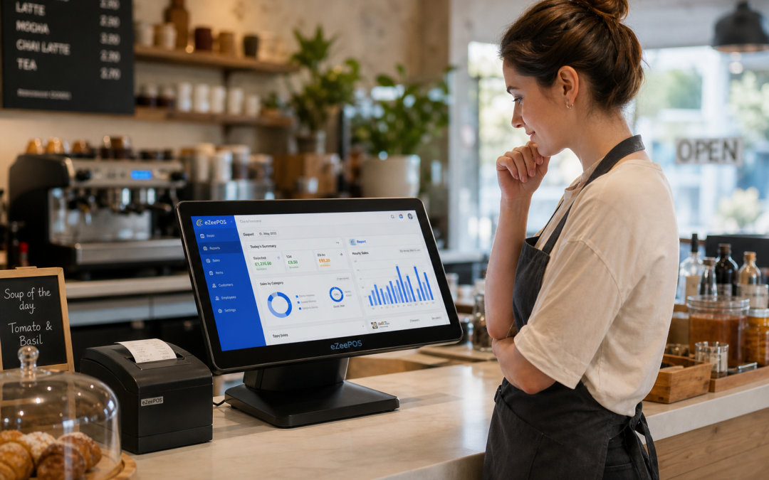Using EPOS reports to make smarter daily decisions in small UK businesses: a realistic photorealistic commercial photography scene inside a modern UK cafe or independent shop, with a business owner standing beside a clean counter reviewing sales dashboards and charts on an eZeePOS-style touchscreen terminal or tablet, subtle blue interface accents visible on the screen, warm natural lighting, shallow depth of field, professional and premium but realistic composition, tidy counter area with a receipt printer and small retail or hospitality items in soft focus, the owner looking thoughtful and engaged as they compare daily performance, suitable as a WordPress featured image for an article about how EPOS reports help small UK businesses understand sales, busy periods and better decisions, no clutter, no cartoon look, no abstract tech background, no unrelated scenery, focused on the technology and the real business setting.