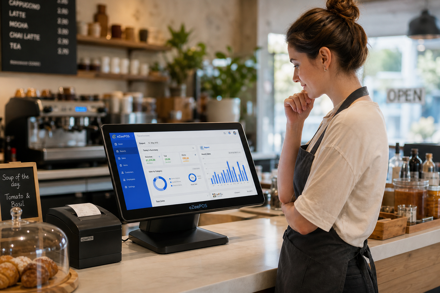 Using EPOS reports to make smarter daily decisions in small UK businesses: a realistic photorealistic commercial photography scene inside a modern UK cafe or independent shop, with a business owner standing beside a clean counter reviewing sales dashboards and charts on an eZeePOS-style touchscreen terminal or tablet, subtle blue interface accents visible on the screen, warm natural lighting, shallow depth of field, professional and premium but realistic composition, tidy counter area with a receipt printer and small retail or hospitality items in soft focus, the owner looking thoughtful and engaged as they compare daily performance, suitable as a WordPress featured image for an article about how EPOS reports help small UK businesses understand sales, busy periods and better decisions, no clutter, no cartoon look, no abstract tech background, no unrelated scenery, focused on the technology and the real business setting.