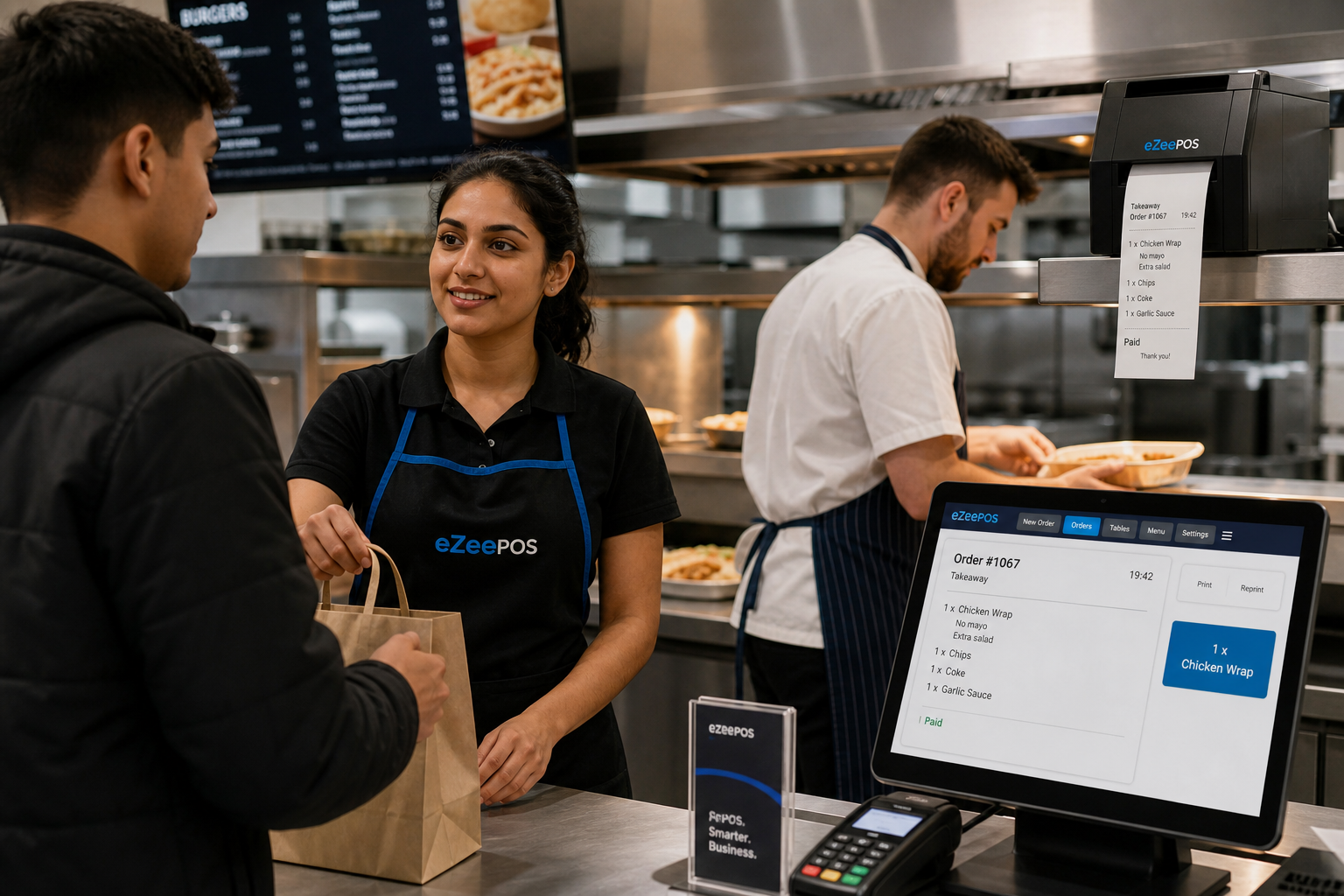 Kitchen Printing for Busy Takeaways: Why Order Accuracy Matters, photorealistic commercial photography style image of a busy UK takeaway counter and kitchen pass during a peak evening service, showing a clean modern order counter with an eZeePOS-style touchscreen POS terminal, a clearly visible kitchen printer spitting out an order ticket, staff member checking a customer order, and a chef in the background preparing food from the printed ticket, warm natural lighting, shallow depth of field, subtle blue brand accents on the screen interface and staff apron trim, realistic food-service environment, professional blog hero image composition, premium but authentic, focused on order accuracy, speed and teamwork, suitable for a WordPress featured image