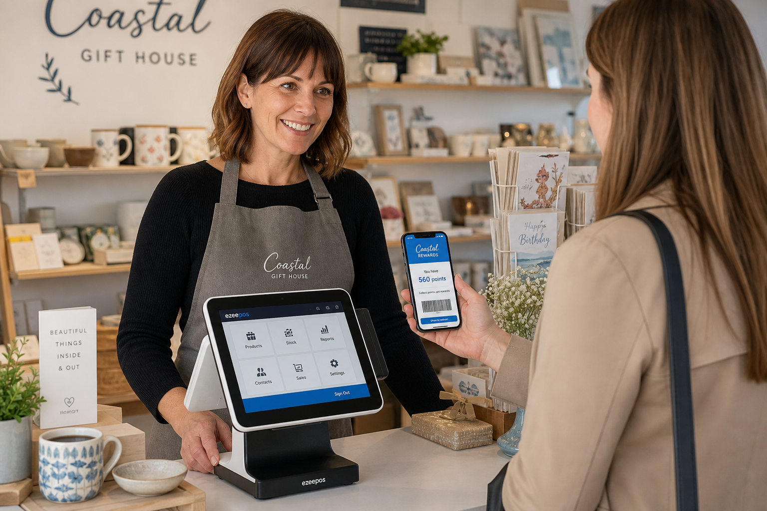 Customer Loyalty Ideas for Gift Shops: Simple Ways to Encourage Repeat Visits, realistic photorealistic commercial photography of a warm, modern UK independent gift shop counter with a friendly shop assistant serving a customer, a touchscreen EPOS terminal clearly visible on a clean counter, and the customer holding a smartphone showing a digital loyalty wallet or rewards screen with subtle blue brand accents; neatly displayed gift items, cards and small homeware in the background, natural daylight, shallow depth of field, premium but realistic composition, professional retail atmosphere, technology and customer engagement as the focus, suitable as a WordPress featured image for ezeepos.