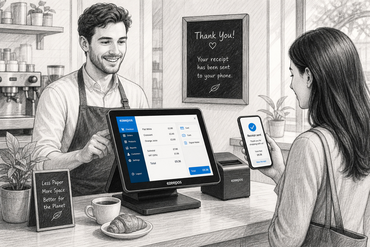Digital Receipts for Retail and Hospitality: A Simple Way to Cut Paper Clutter. Create a detailed black-and-white pencil and ink editorial blog illustration of a realistic UK café or independent shop counter where a staff member is completing a sale on a modern ezeepos-style touchscreen POS terminal while a customer receives a digital receipt on a smartphone; show a receipt printer nearby, a clean counter, subtle blue accent details only on the POS screen, receipt confirmation and small interface elements, and a tidy modern retail or hospitality environment with warm natural lighting, shallow depth of field, premium but realistic composition, friendly staff interaction, and clear focus on the EPOS technology reducing paper clutter; avoid photorealism, avoid cartoon style, avoid futuristic devices, avoid cluttered backgrounds and keep the scene suitable as a professional WordPress featured image for ezeepos.