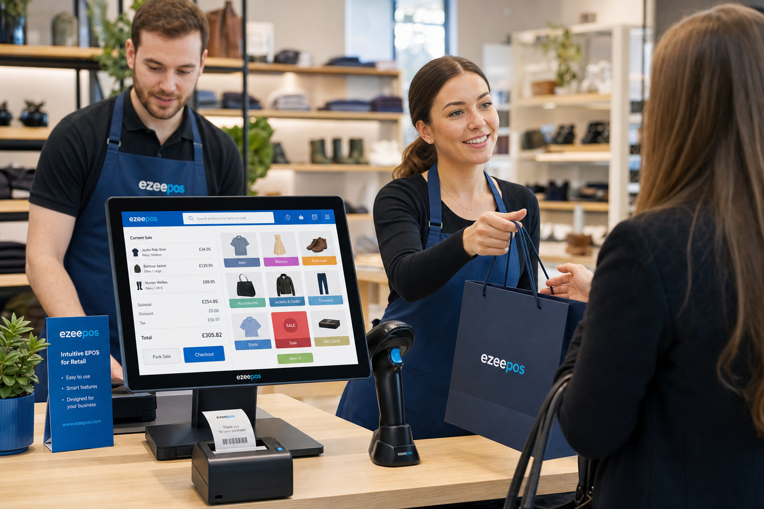 Touchscreen Tills for Retail Shops: Why the Right Setup Makes Daily Trading Easier, a photorealistic commercial photography style image of a bright modern UK retail shop counter with a touchscreen EPOS till in the foreground, a staff member serving a customer while another staff member glances at the screen showing a clear retail sales interface with product buttons and a simple checkout layout, subtle blue brand accents on the screen and nearby accessories, clean counter area with barcode scanner and receipt printer neatly arranged, warm natural lighting, shallow depth of field, premium but realistic composition, friendly professional atmosphere, suitable for a WordPress featured image for ezeepos, focused on practical everyday retail service rather than generic technology imagery.