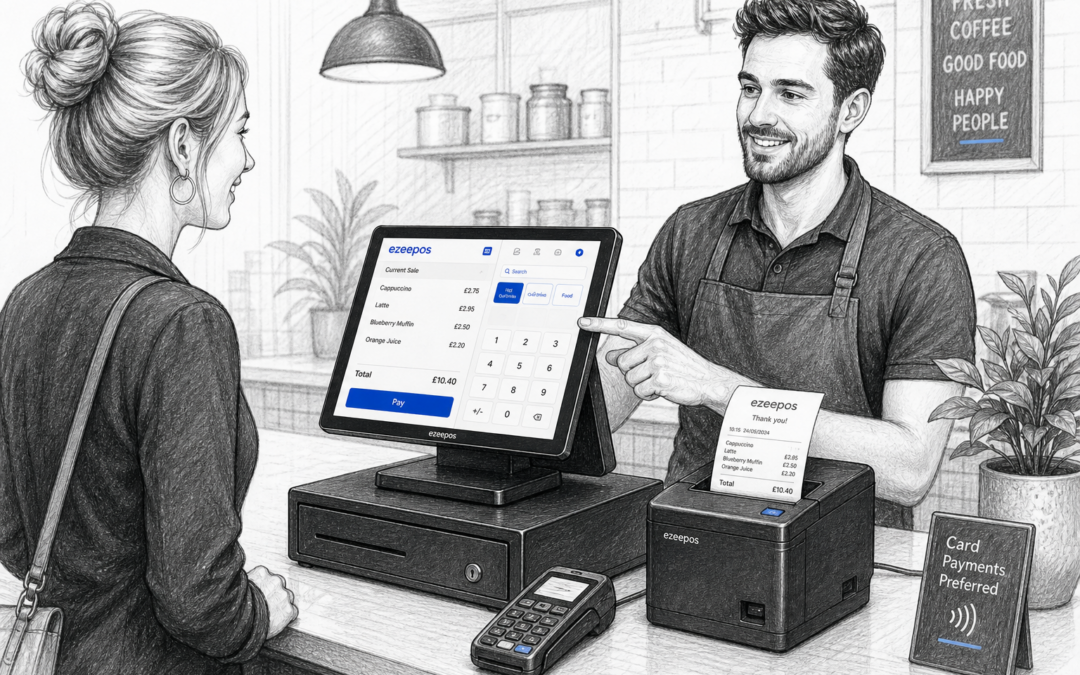 Choosing the Right Receipt Printer for Your EPOS Setup, a detailed black-and-white pencil and ink editorial blog illustration of a realistic UK retail or hospitality counter where a staff member is using a modern touchscreen EPOS till beside a compact receipt printer actively printing a customer receipt, with a cash drawer and card terminal nearby, clean counter area, friendly service interaction, subtle blue accent details only on the EPOS screen and small interface elements, warm modern professional UK business environment, shallow depth of field, natural lighting, premium realistic composition, the technology as the focus of the scene, suitable as a WordPress featured image for ezeepos, clean hand-drawn linework, light shading, no photorealism, no cartoon style, no cluttered background, no unrelated objects.