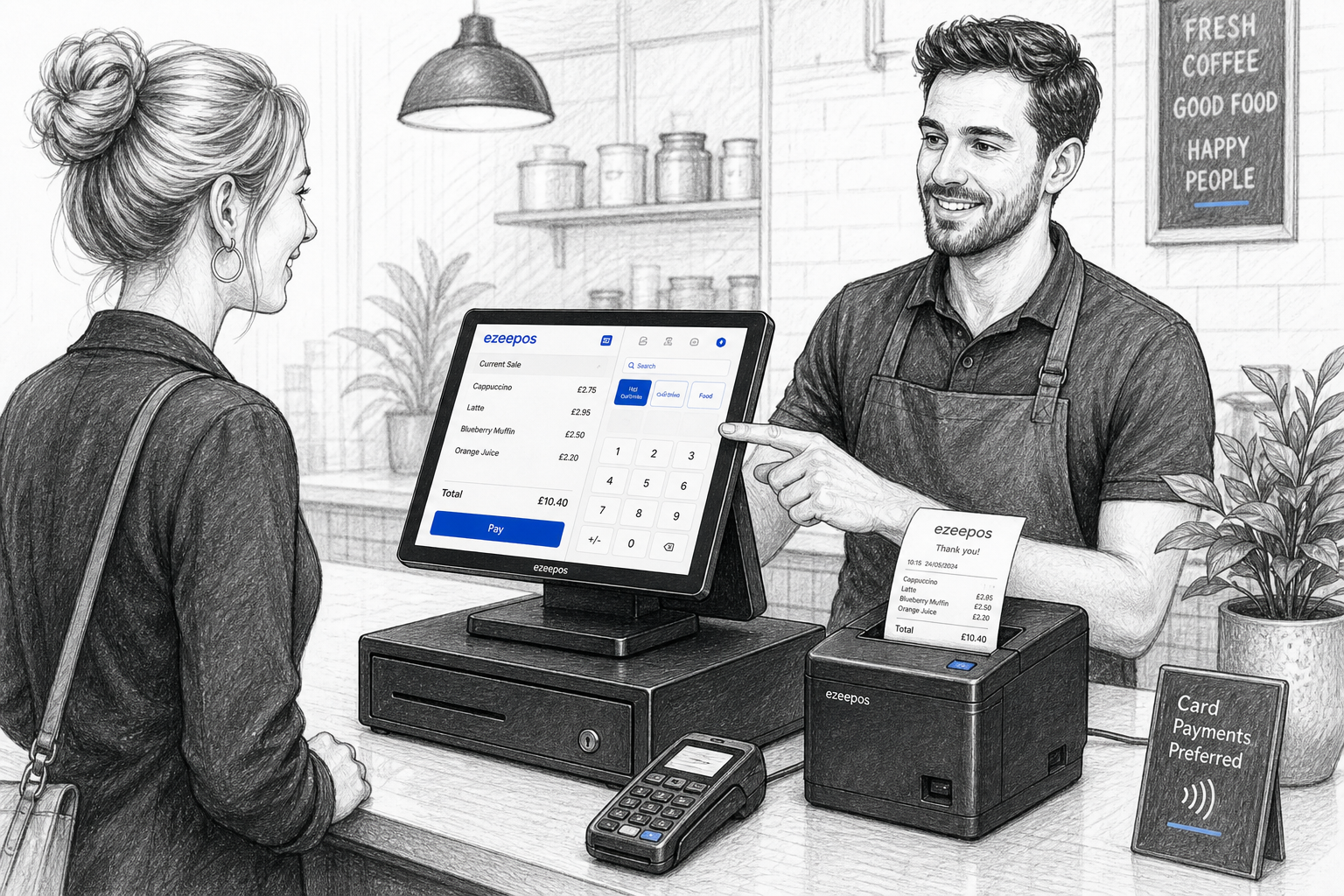 Choosing the Right Receipt Printer for Your EPOS Setup, a detailed black-and-white pencil and ink editorial blog illustration of a realistic UK retail or hospitality counter where a staff member is using a modern touchscreen EPOS till beside a compact receipt printer actively printing a customer receipt, with a cash drawer and card terminal nearby, clean counter area, friendly service interaction, subtle blue accent details only on the EPOS screen and small interface elements, warm modern professional UK business environment, shallow depth of field, natural lighting, premium realistic composition, the technology as the focus of the scene, suitable as a WordPress featured image for ezeepos, clean hand-drawn linework, light shading, no photorealism, no cartoon style, no cluttered background, no unrelated objects.