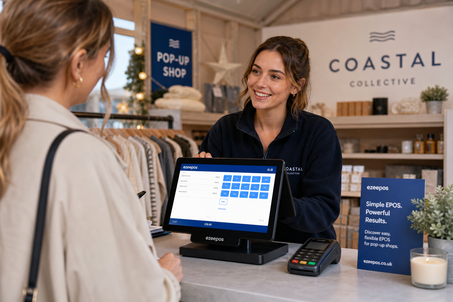 Why Pop-Up Shops Need a Simple EPOS Setup That Moves With Them, photorealistic commercial photography style, a realistic UK pop-up retail shop counter inside a modern temporary market stall or seasonal event unit, a compact touchscreen EPOS terminal clearly visible on a clean counter with a staff member serving a customer, a small card payment terminal nearby, tidy product displays such as clothing, gifts or seasonal retail items in the background, subtle blue brand accents on the screen interface and small signage, warm natural lighting, shallow depth of field, professional but realistic composition, friendly staff interaction, technology as the clear focus, premium yet practical UK business environment, suitable for a WordPress featured image for ezeepos