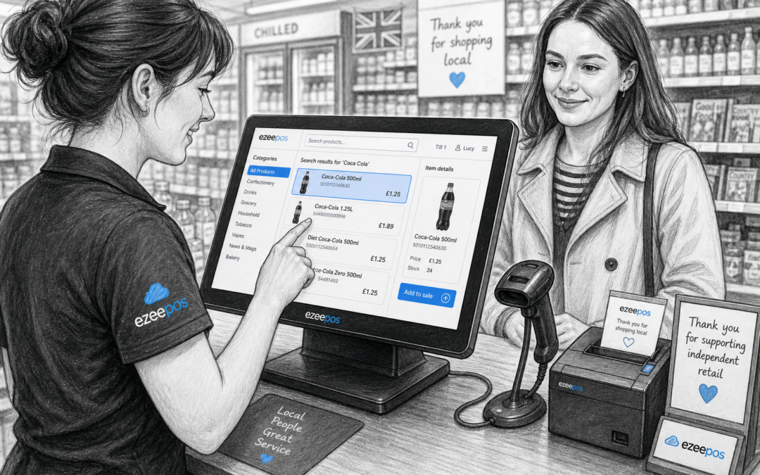 Why Product Lookup Makes Busy Retail Checkouts Easier. Create a detailed black-and-white pencil and ink editorial blog illustration showing a realistic UK independent retail checkout with a friendly shop assistant using a modern touchscreen EPOS terminal to quickly search for a product while a customer waits calmly at the counter. The screen should show subtle blue accent interface elements for product search results, item categories and a highlighted item, with a barcode scanner, receipt printer and tidy counter area visible nearby. The setting should feel like a busy but organised UK convenience store or mixed retail shop, with shelves of products softly blurred in the background, natural lighting, shallow depth of field, clean hand-drawn linework, light shading and a professional business feel suitable for an ezeepos featured image. Keep the composition focused on the technology and the speedy checkout moment, with realistic staff-customer interaction, premium but approachable atmosphere, and subtle blue accents on the till screen and small brand details only.