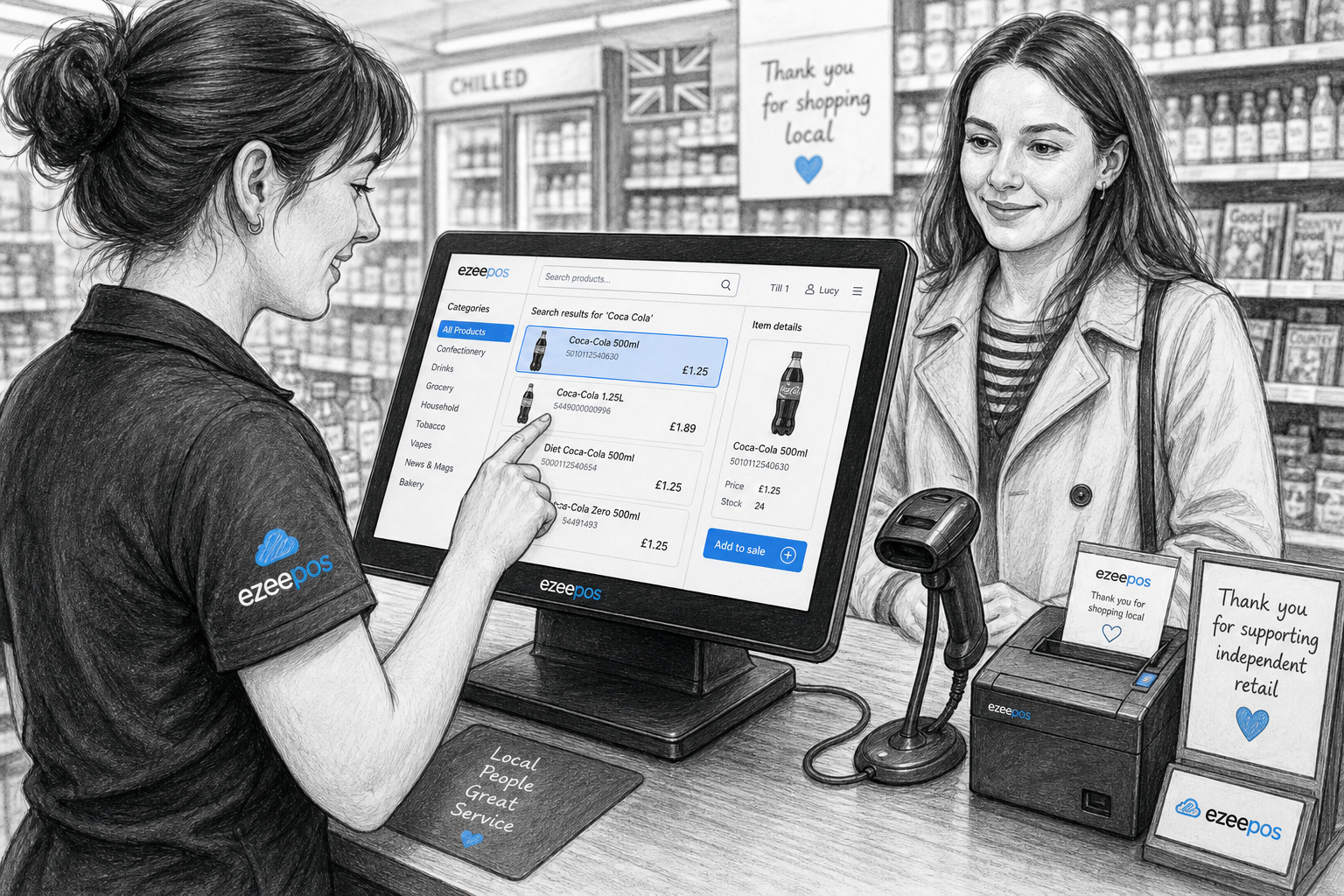 Why Product Lookup Makes Busy Retail Checkouts Easier. Create a detailed black-and-white pencil and ink editorial blog illustration showing a realistic UK independent retail checkout with a friendly shop assistant using a modern touchscreen EPOS terminal to quickly search for a product while a customer waits calmly at the counter. The screen should show subtle blue accent interface elements for product search results, item categories and a highlighted item, with a barcode scanner, receipt printer and tidy counter area visible nearby. The setting should feel like a busy but organised UK convenience store or mixed retail shop, with shelves of products softly blurred in the background, natural lighting, shallow depth of field, clean hand-drawn linework, light shading and a professional business feel suitable for an ezeepos featured image. Keep the composition focused on the technology and the speedy checkout moment, with realistic staff-customer interaction, premium but approachable atmosphere, and subtle blue accents on the till screen and small brand details only.